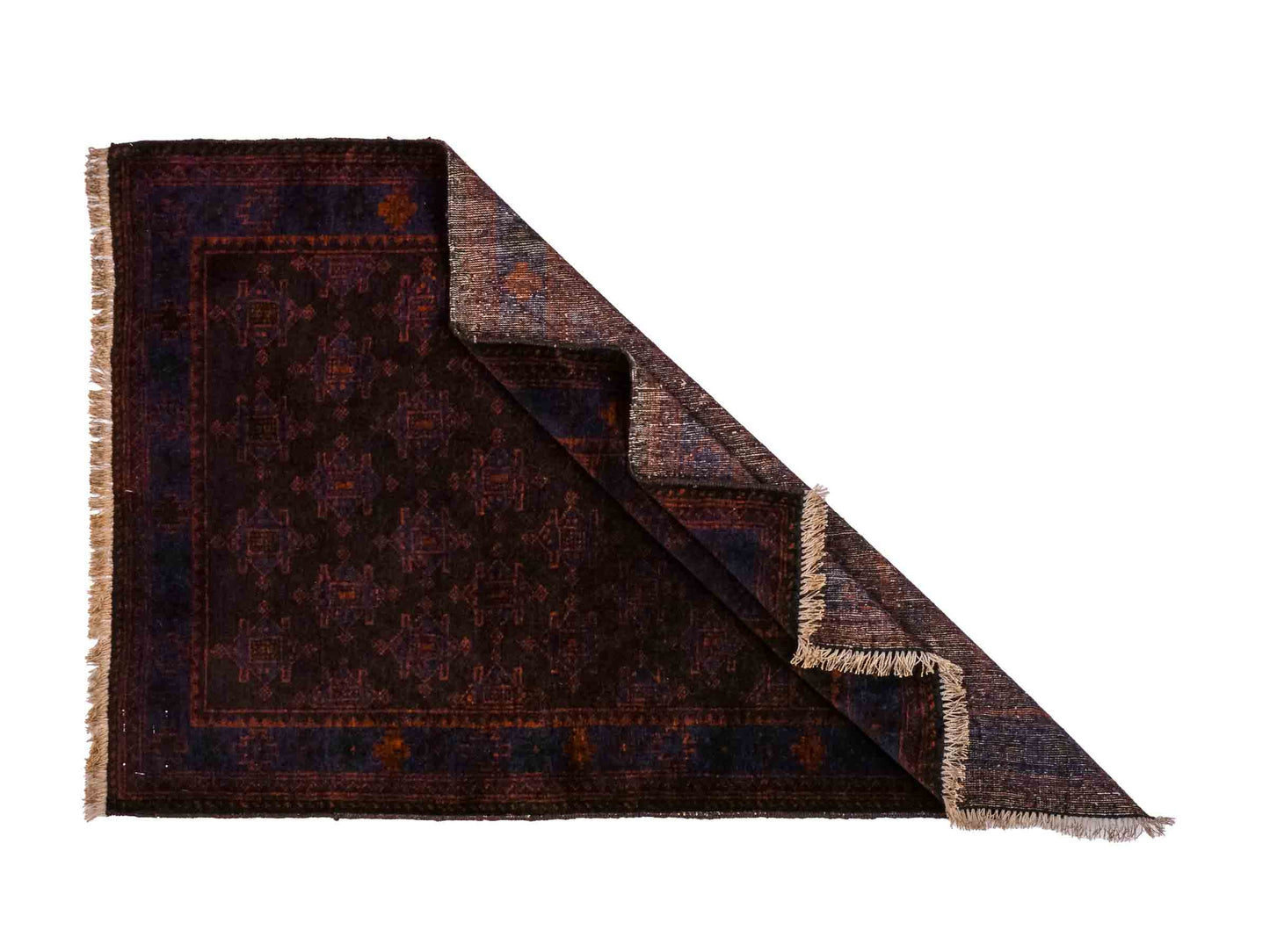 Antiker, handgeknüpfter, afghanischer Belutsch Nomadenteppich aus Wolle von Khademi. Größe: 127 x 84 cm. Farbe: Braun, blau. Verkauf durch JUPITER Intl.