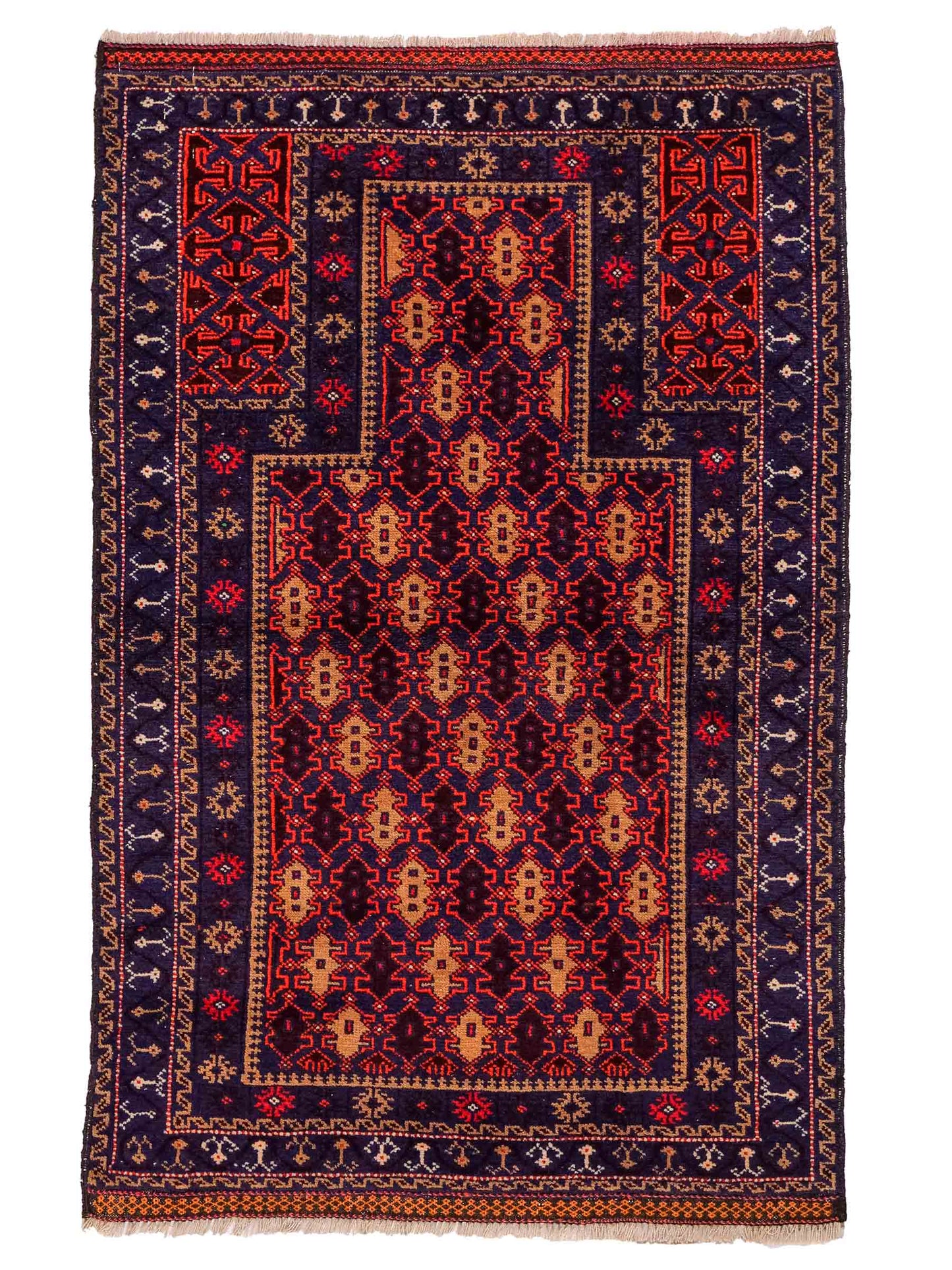Antiker, handgeknüpfter, afghanischer Belutsch Nomadenteppich aus Wolle von Khademi. Größe: 130 x 81 cm. Farbe: Blau, lila, orange. Verkauf durch JUPITER Intl.