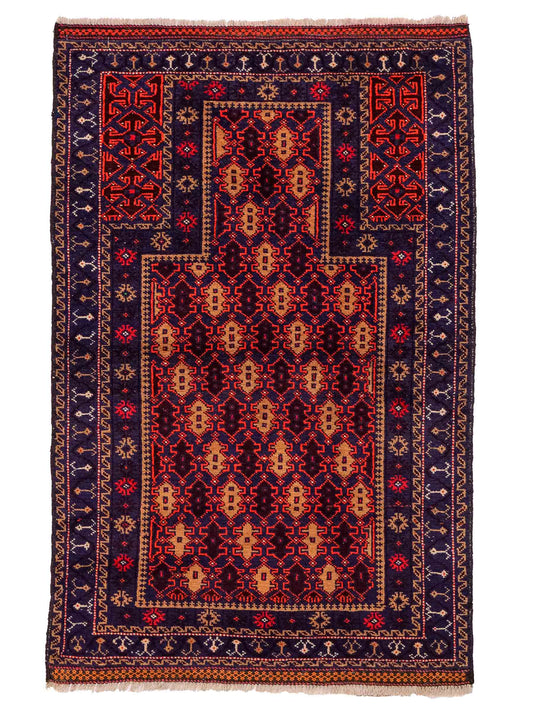 Antiker, handgeknüpfter, afghanischer Belutsch Nomadenteppich aus Wolle von Khademi. Größe: 130 x 81 cm. Farbe: Blau, lila, orange. Verkauf durch JUPITER Intl.