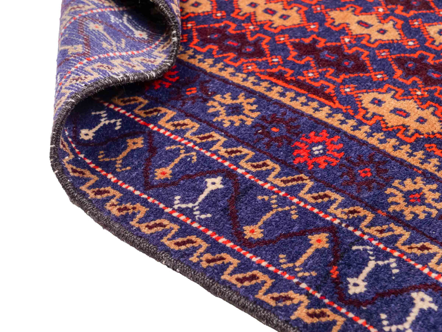 Antiker, handgeknüpfter, afghanischer Belutsch Nomadenteppich aus Wolle von Khademi. Größe: 130 x 81 cm. Farbe: Blau, lila, orange. Verkauf durch JUPITER Intl.