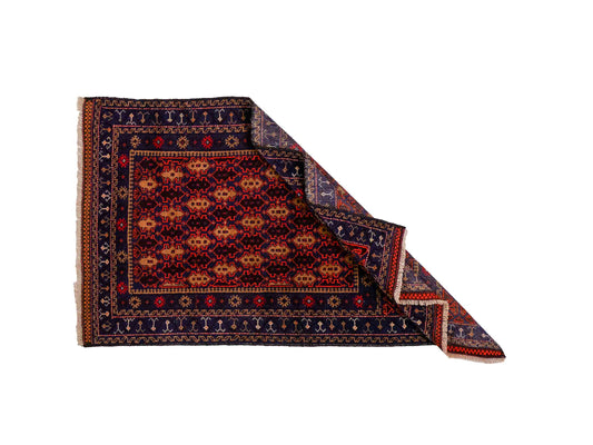 Antiker, handgeknüpfter, afghanischer Belutsch Nomadenteppich aus Wolle von Khademi. Größe: 130 x 81 cm. Farbe: Blau, lila, orange. Verkauf durch JUPITER Intl.