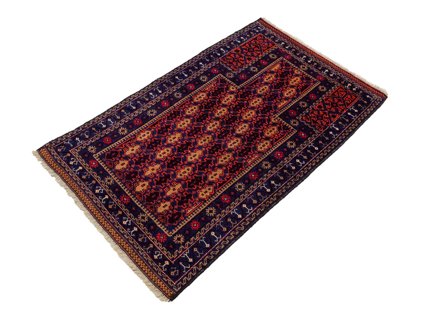 Antiker, handgeknüpfter, afghanischer Belutsch Nomadenteppich aus Wolle von Khademi. Größe: 130 x 81 cm. Farbe: Blau, lila, orange. Verkauf durch JUPITER Intl.