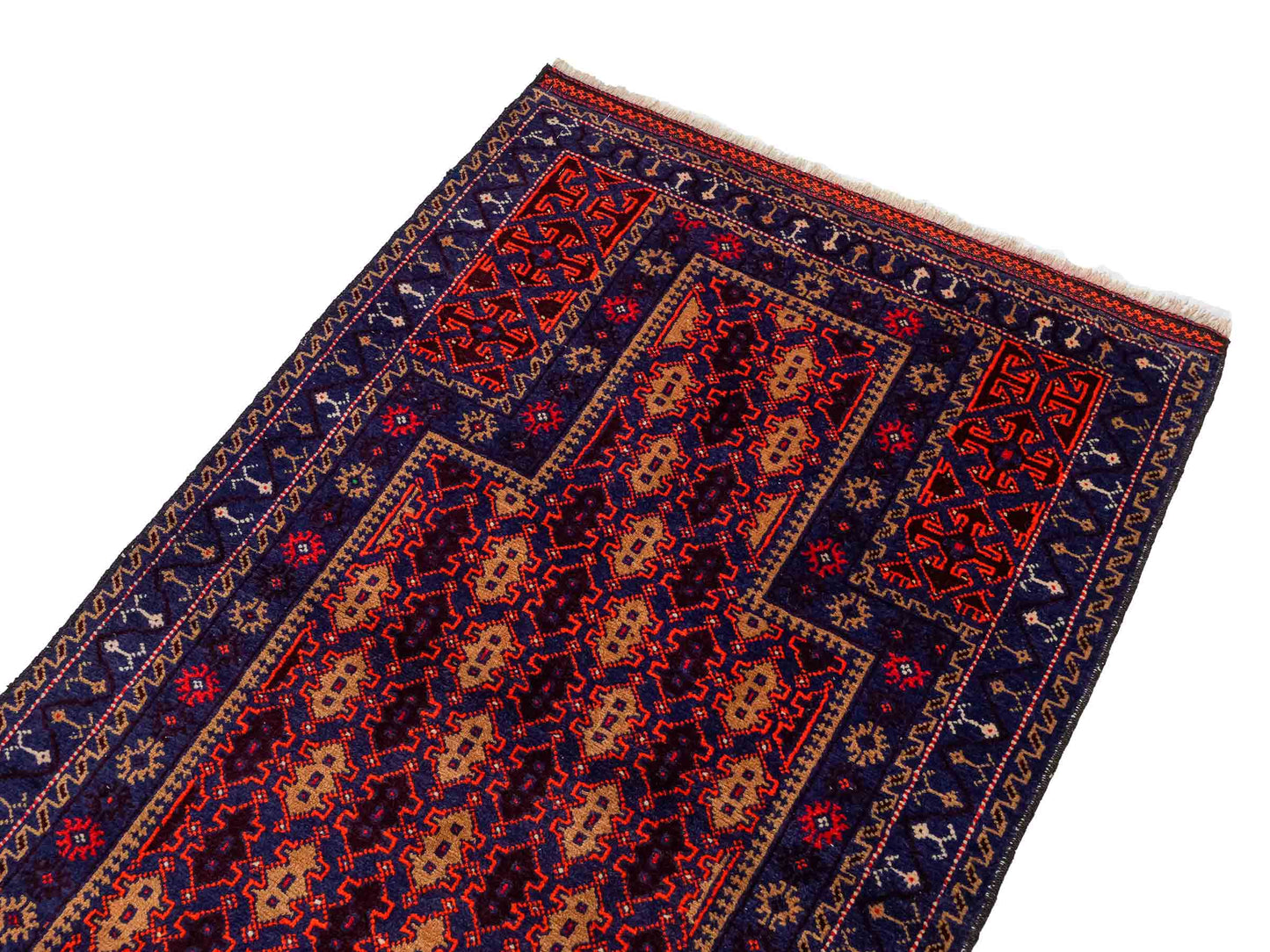 Antiker, handgeknüpfter, afghanischer Belutsch Nomadenteppich aus Wolle von Khademi. Größe: 130 x 81 cm. Farbe: Blau, lila, orange. Verkauf durch JUPITER Intl.