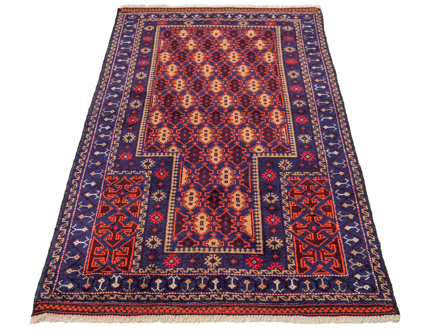 Antiker, handgeknüpfter, afghanischer Belutsch Nomadenteppich aus Wolle von Khademi. Größe: 130 x 81 cm. Farbe: Blau, lila, orange. Verkauf durch JUPITER Intl.