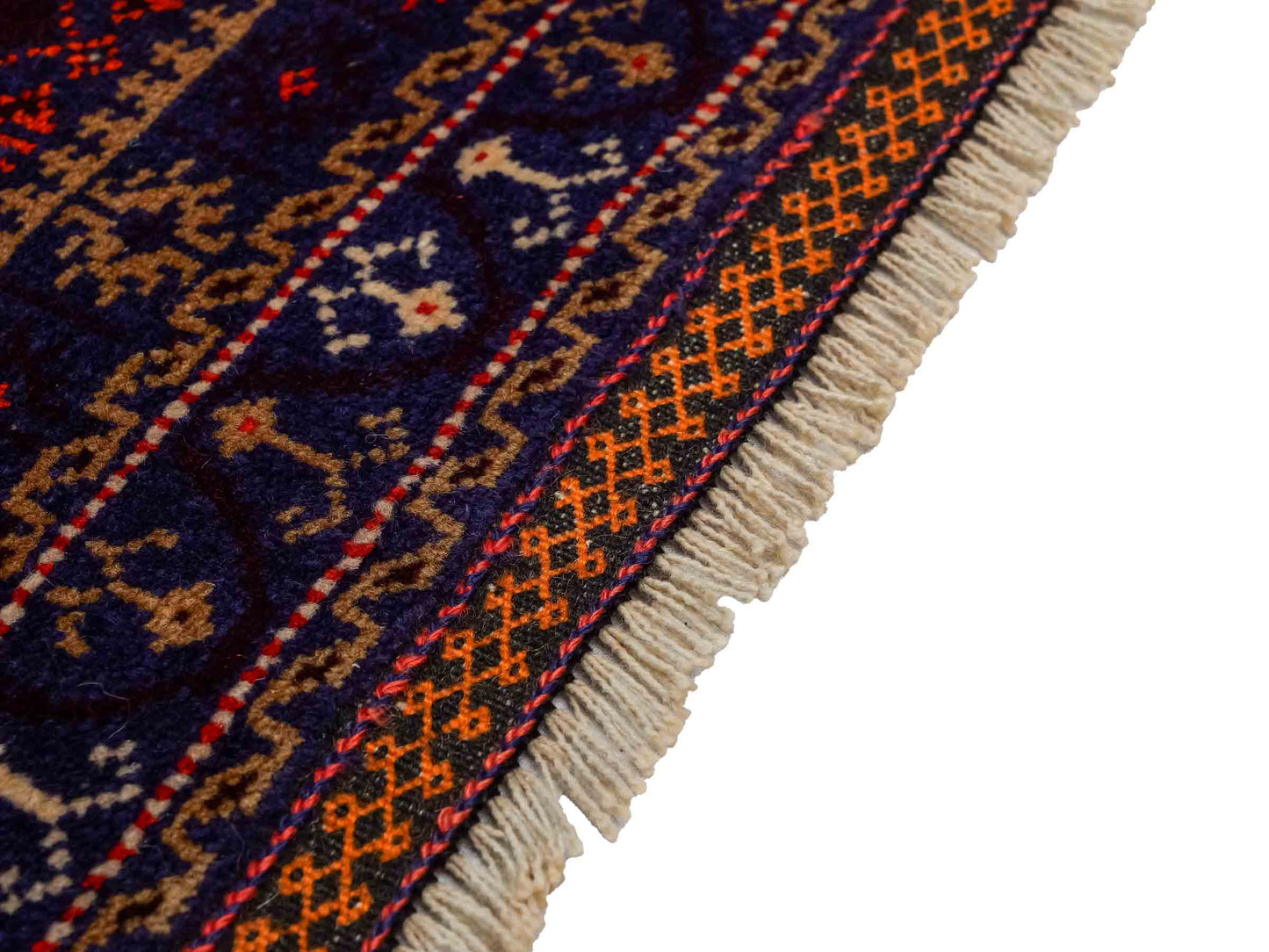 Antiker, handgeknüpfter, afghanischer Belutsch Nomadenteppich aus Wolle von Khademi. Größe: 130 x 81 cm. Farbe: Blau, lila, orange. Verkauf durch JUPITER Intl.