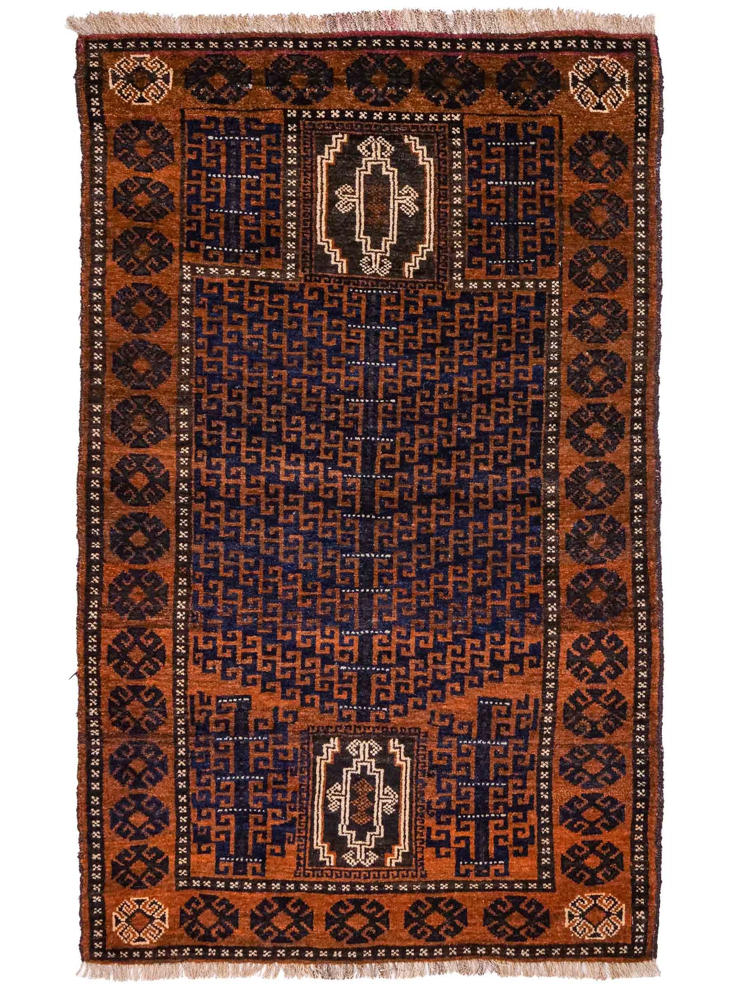 Antiker, handgeknüpfter, afghanischer Belutsch Nomadenteppich aus Wolle von Khademi. Größe: 131 x 86 cm. Farbe: Braun, blau. Verkauf durch JUPITER Intl.