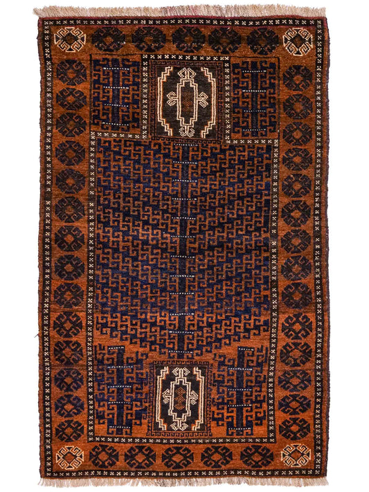 Antiker, handgeknüpfter, afghanischer Belutsch Nomadenteppich aus Wolle von Khademi. Größe: 131 x 86 cm. Farbe: Braun, blau. Verkauf durch JUPITER Intl.