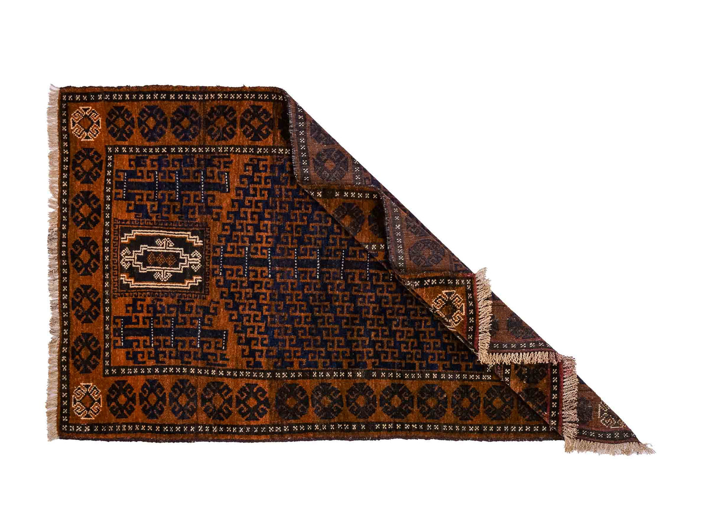 Antiker, handgeknüpfter, afghanischer Belutsch Nomadenteppich aus Wolle von Khademi. Größe: 131 x 86 cm. Farbe: Braun, blau. Verkauf durch JUPITER Intl.