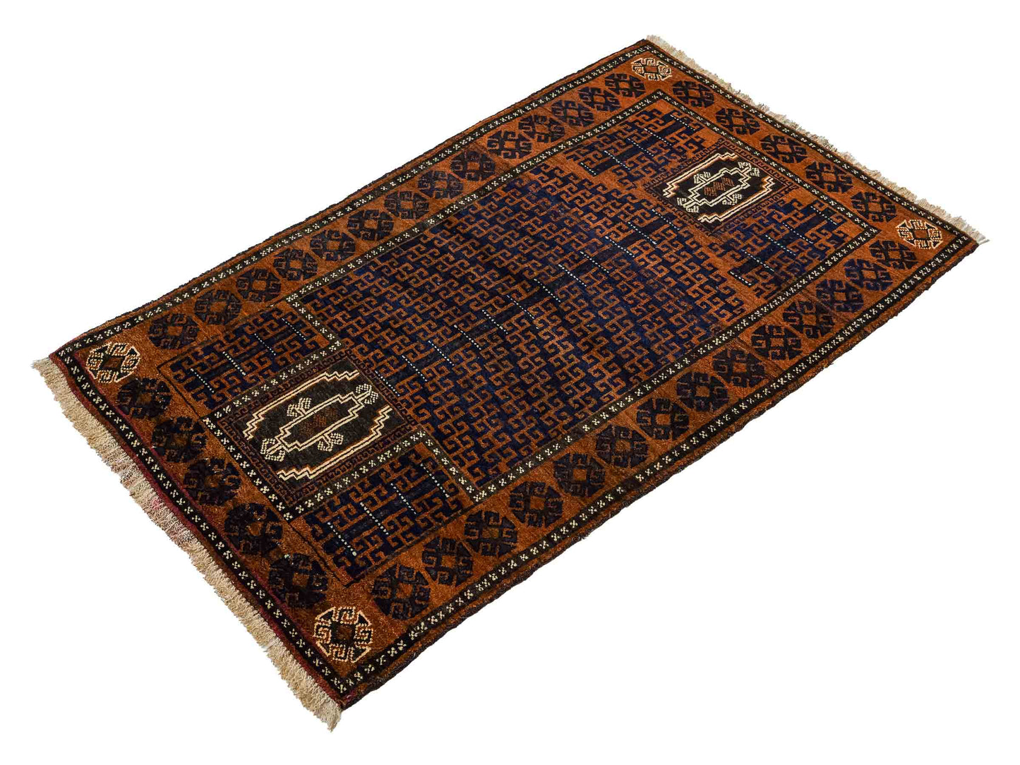 Antiker, handgeknüpfter, afghanischer Belutsch Nomadenteppich aus Wolle von Khademi. Größe: 131 x 86 cm. Farbe: Braun, blau. Verkauf durch JUPITER Intl.