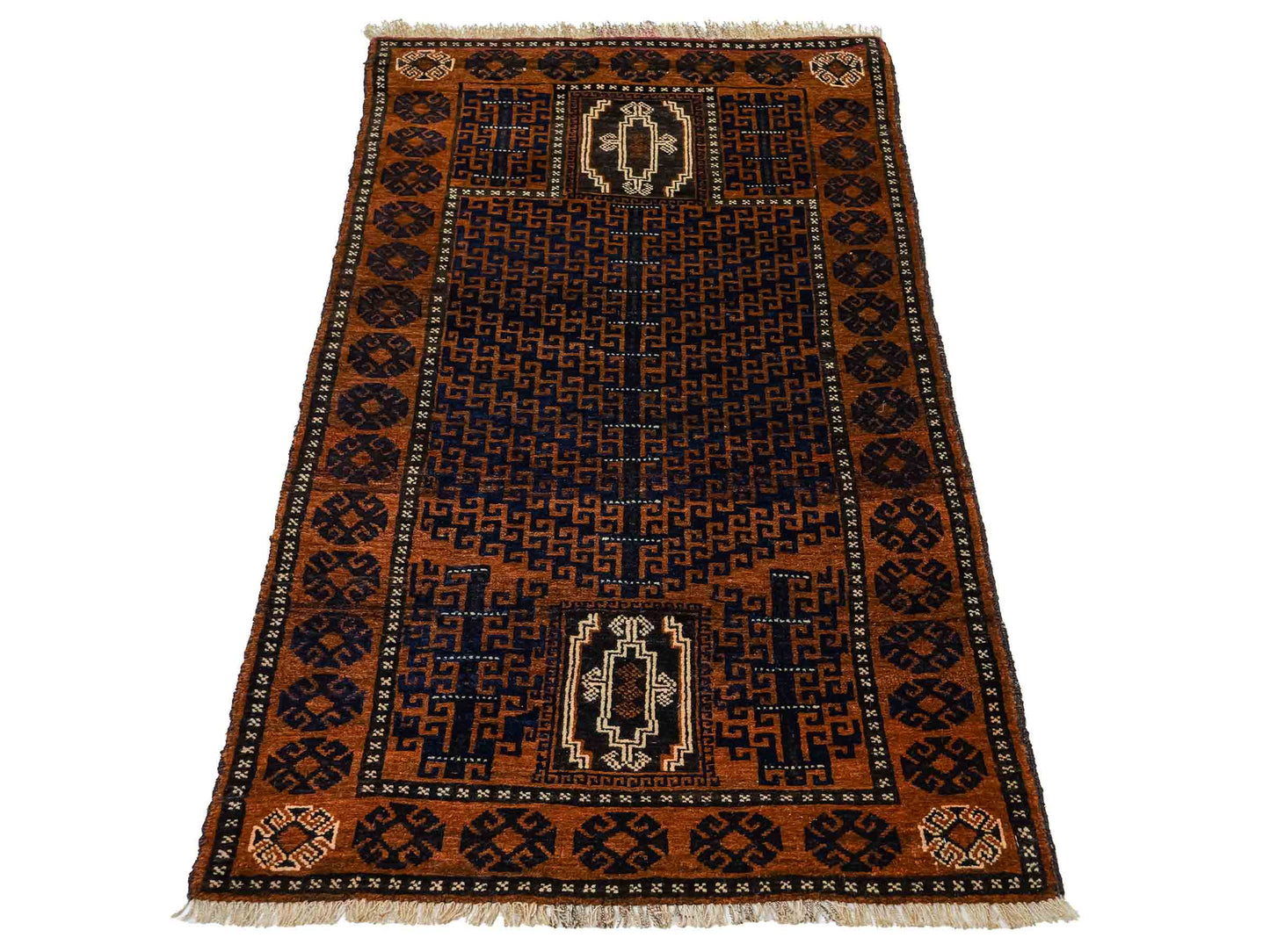 Antiker, handgeknüpfter, afghanischer Belutsch Nomadenteppich aus Wolle von Khademi. Größe: 131 x 86 cm. Farbe: Braun, blau. Verkauf durch JUPITER Intl.
