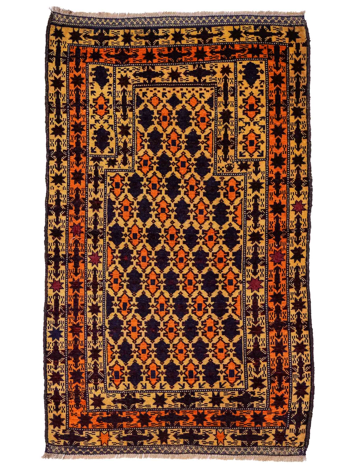 Antiker, handgeknüpfter, afghanischer Belutsch Nomadenteppich aus Wolle von Khademi. Größe: 132 x 84 cm. Farbe: Beige, orange, blau. Verkauf durch JUPITER Intl.