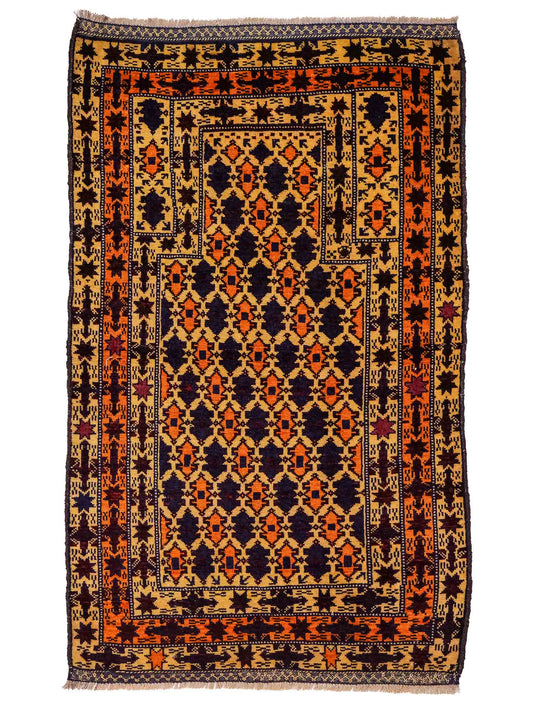 Antiker, handgeknüpfter, afghanischer Belutsch Nomadenteppich aus Wolle von Khademi. Größe: 132 x 84 cm. Farbe: Beige, orange, blau. Verkauf durch JUPITER Intl.
