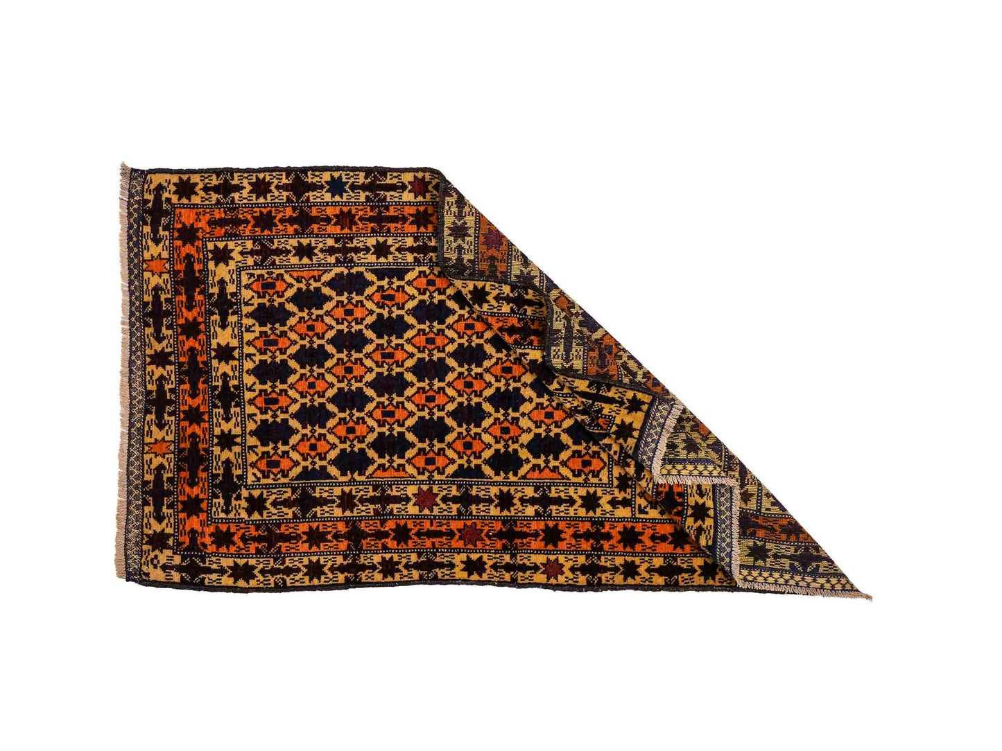 Antiker, handgeknüpfter, afghanischer Belutsch Nomadenteppich aus Wolle von Khademi. Größe: 132 x 84 cm. Farbe: Beige, orange, blau. Verkauf durch JUPITER Intl.