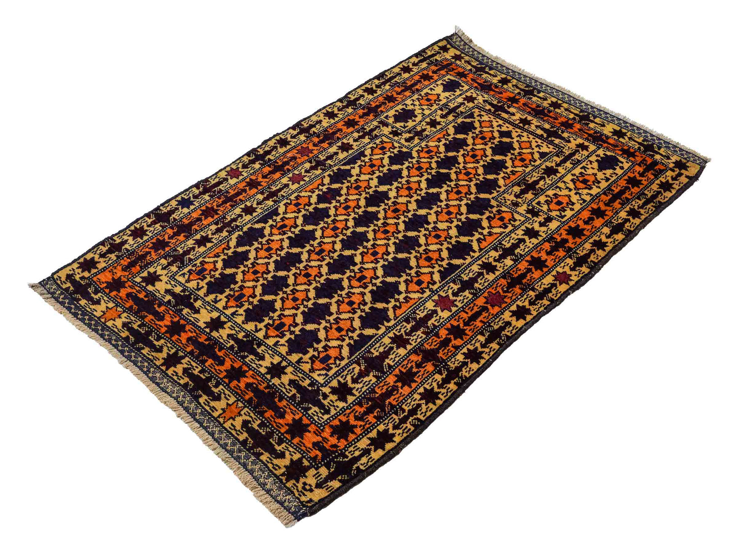 Antiker, handgeknüpfter, afghanischer Belutsch Nomadenteppich aus Wolle von Khademi. Größe: 132 x 84 cm. Farbe: Beige, orange, blau. Verkauf durch JUPITER Intl.
