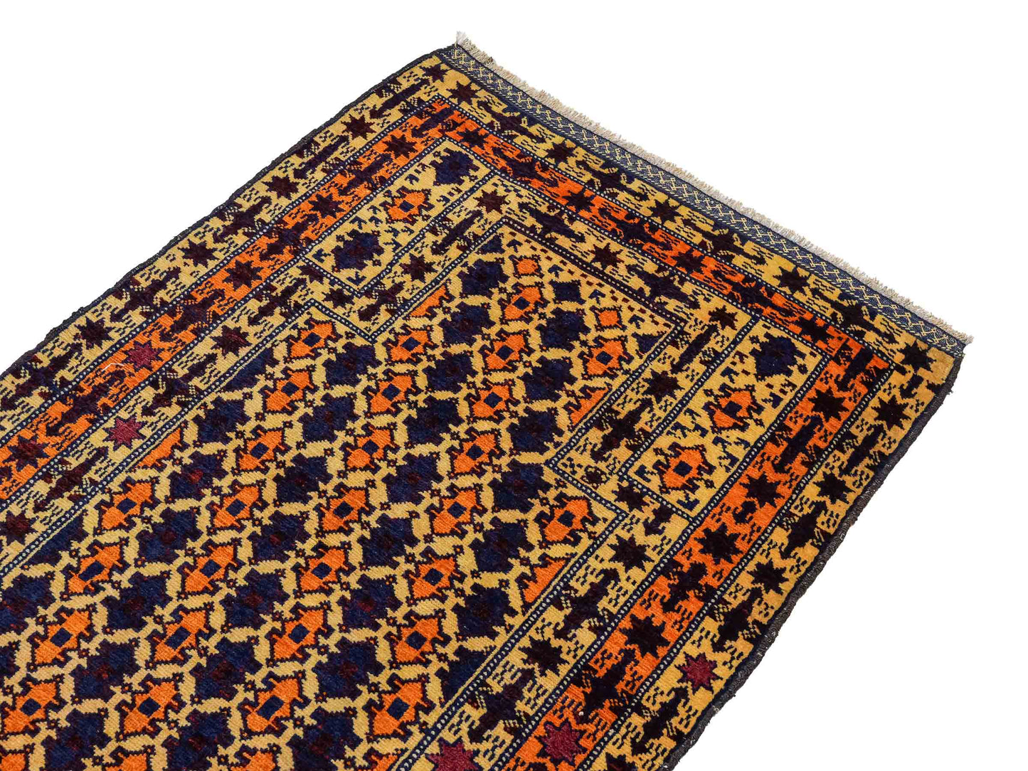Antiker, handgeknüpfter, afghanischer Belutsch Nomadenteppich aus Wolle von Khademi. Größe: 132 x 84 cm. Farbe: Beige, orange, blau. Verkauf durch JUPITER Intl.