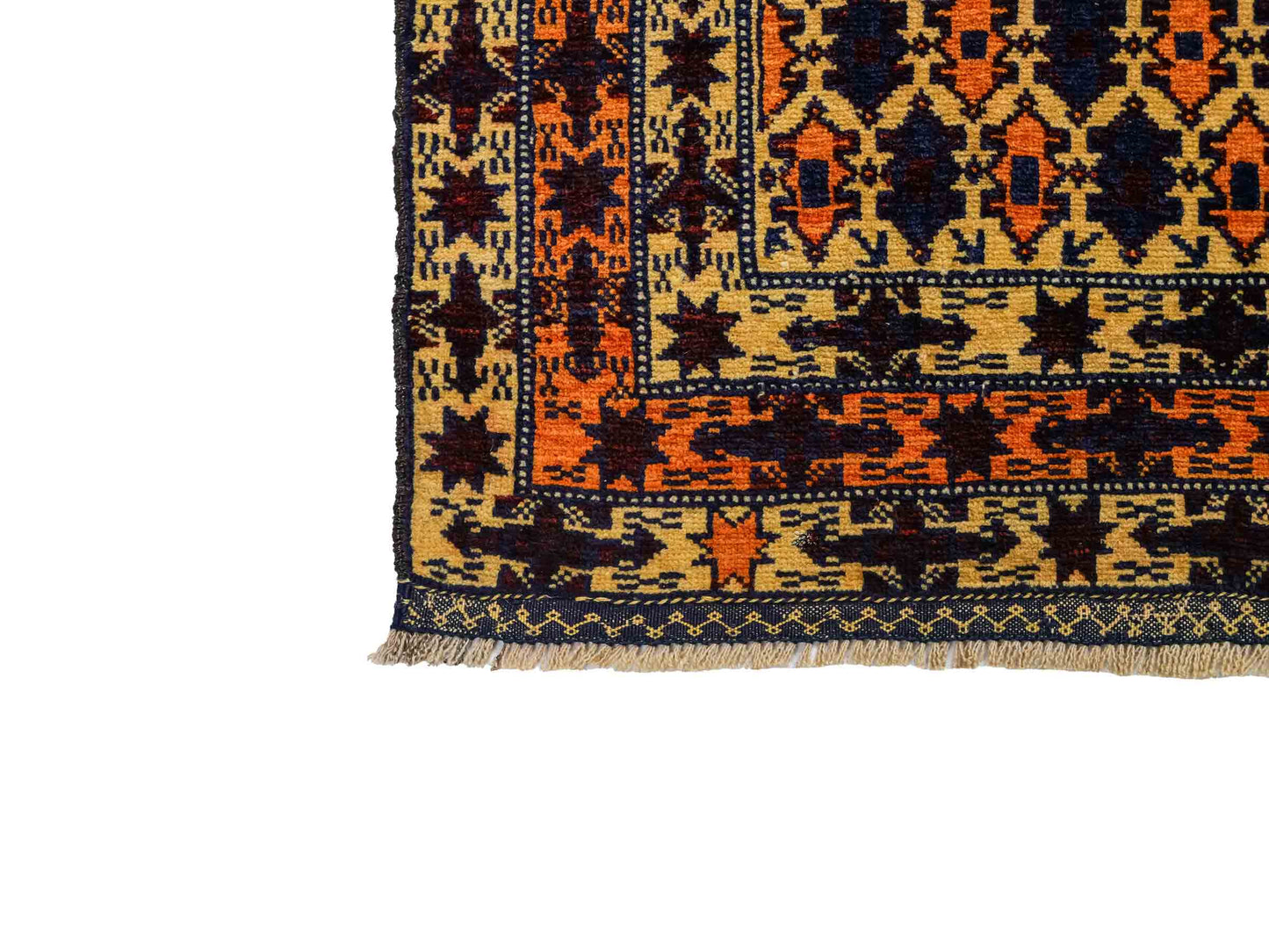 Antiker, handgeknüpfter, afghanischer Belutsch Nomadenteppich aus Wolle von Khademi. Größe: 132 x 84 cm. Farbe: Beige, orange, blau. Verkauf durch JUPITER Intl.