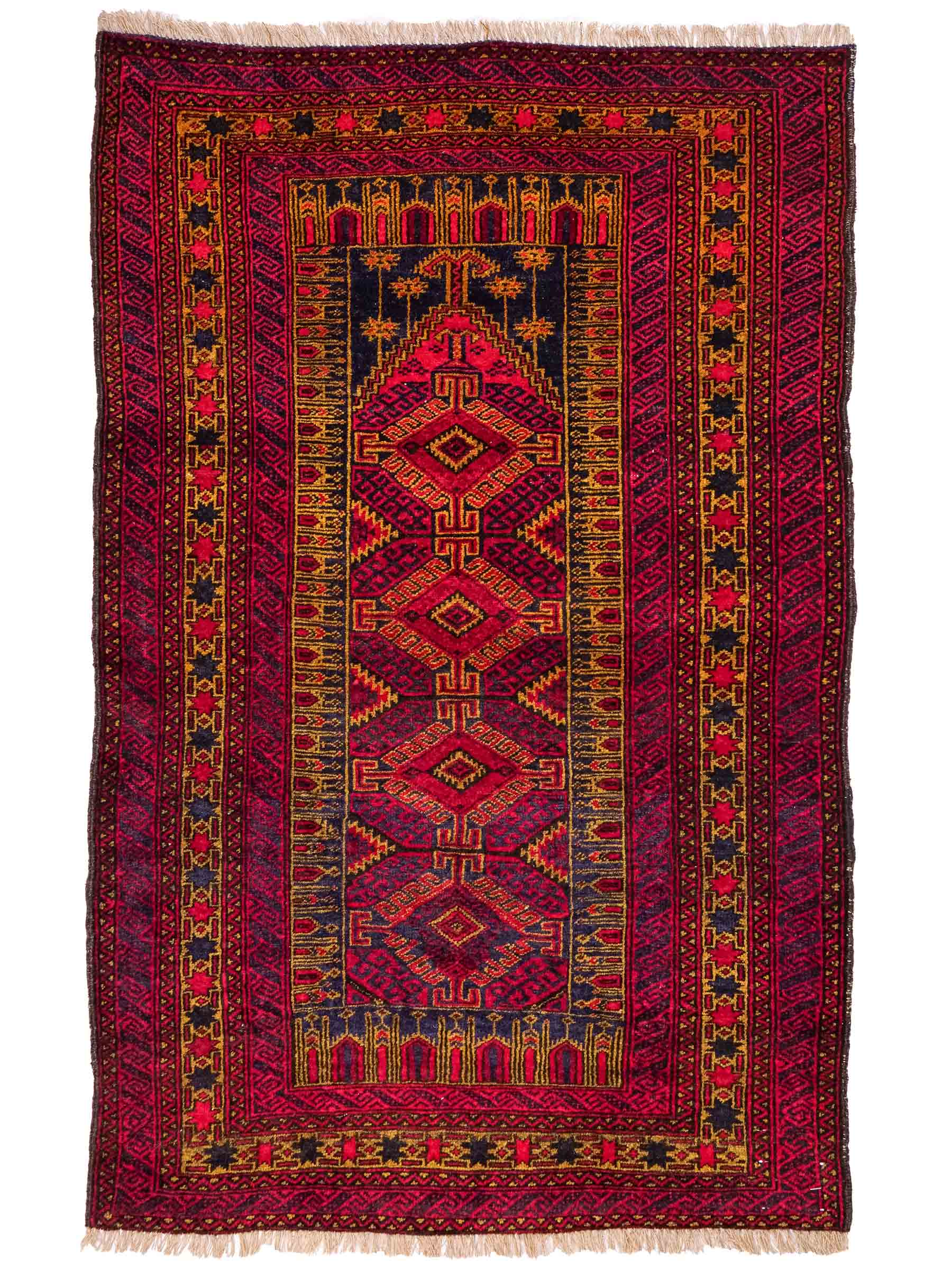 Antiker, handgeknüpfter, afghanischer Belutsch Nomadenteppich aus Wolle von Khademi. Größe: 135 x 83 cm. Farbe: Rot, blau, gold. Verkauf durch JUPITER Intl.