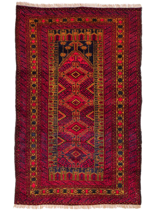 Antiker, handgeknüpfter, afghanischer Belutsch Nomadenteppich aus Wolle von Khademi. Größe: 135 x 83 cm. Farbe: Rot, blau, gold. Verkauf durch JUPITER Intl.