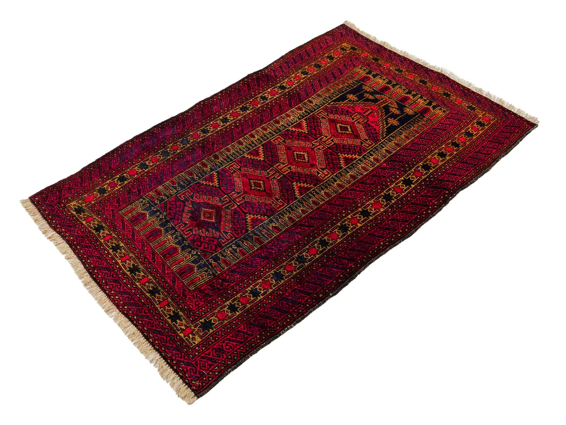 Antiker, handgeknüpfter, afghanischer Belutsch Nomadenteppich aus Wolle von Khademi. Größe: 135 x 83 cm. Farbe: Rot, blau, gold. Verkauf durch JUPITER Intl.