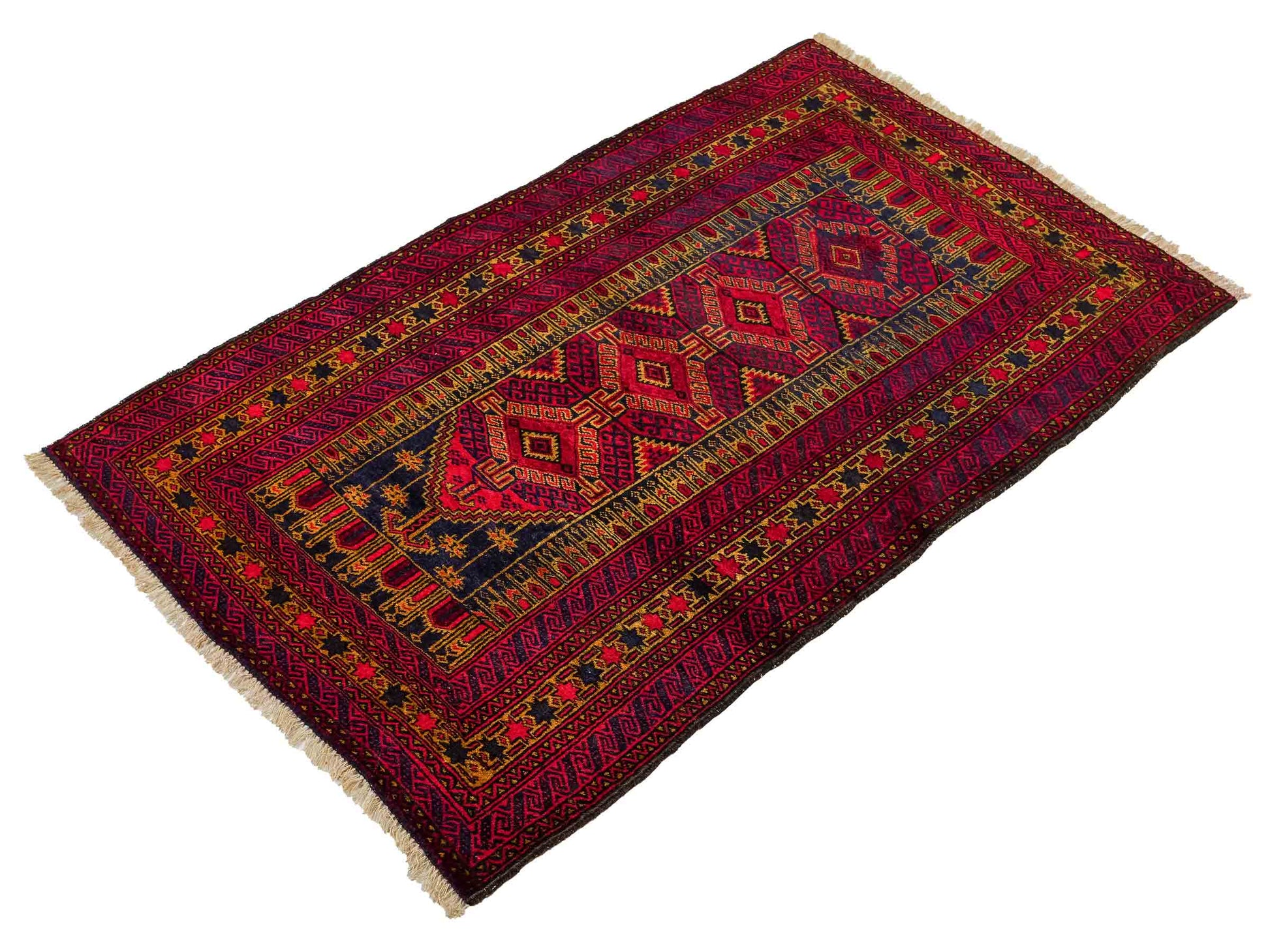 Antiker, handgeknüpfter, afghanischer Belutsch Nomadenteppich aus Wolle von Khademi. Größe: 135 x 83 cm. Farbe: Rot, blau, gold. Verkauf durch JUPITER Intl.