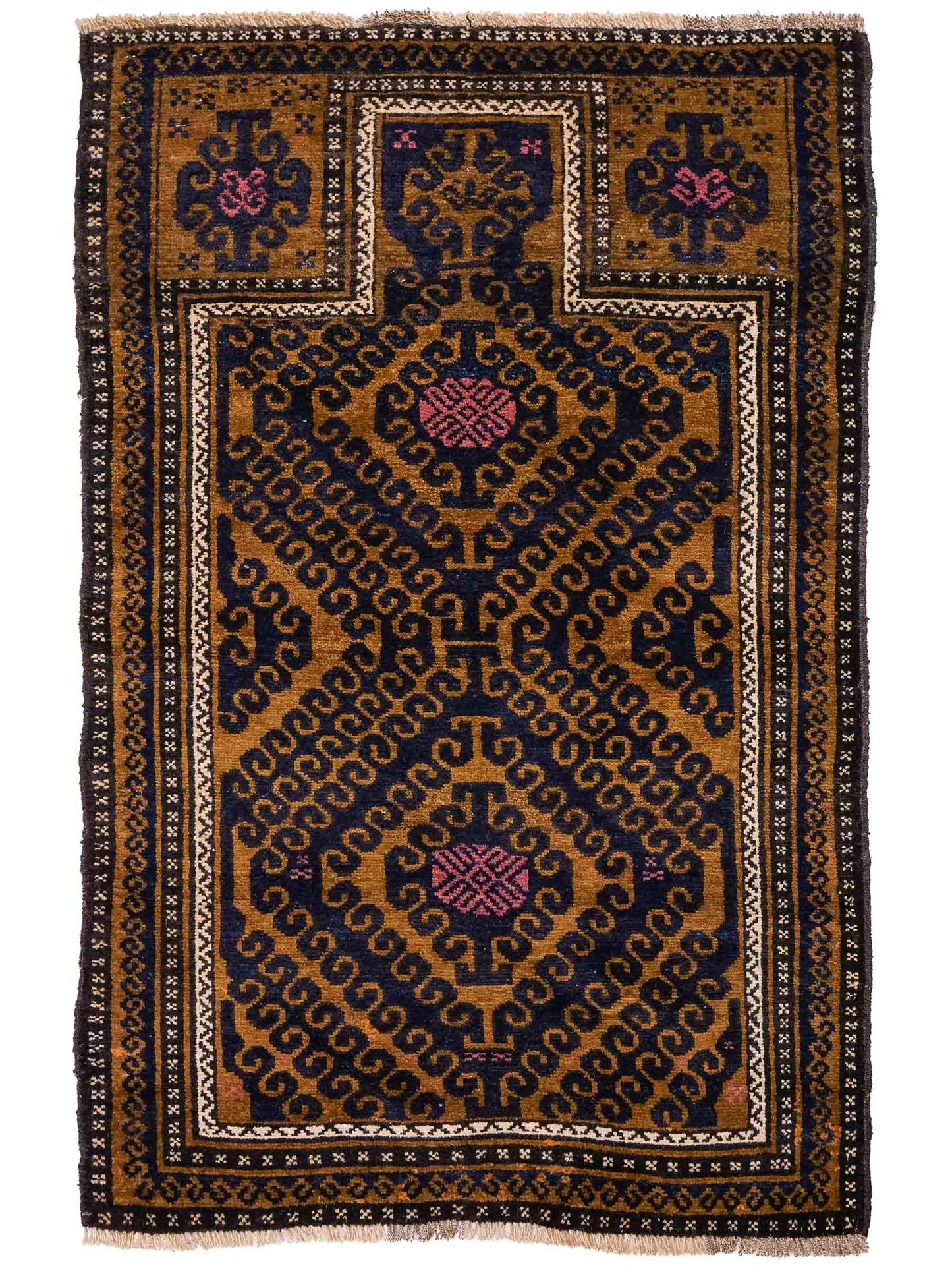 Antiker, handgeknüpfter, afghanischer Belutsch Nomadenteppich aus Wolle von Khademi. Größe: 136 x 80 cm. Farbe: Blau, gold. Verkauf durch JUPITER Intl.