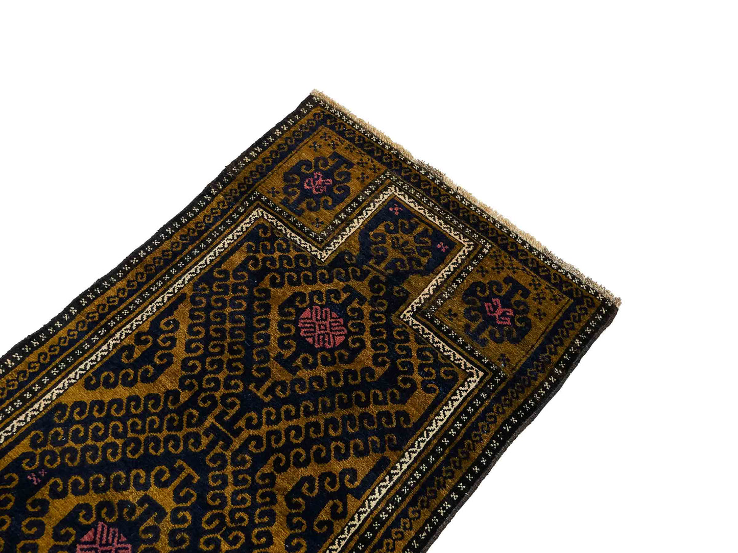 Antiker, handgeknüpfter, afghanischer Belutsch Nomadenteppich aus Wolle von Khademi. Größe: 136 x 80 cm. Farbe: Blau, gold. Verkauf durch JUPITER Intl.