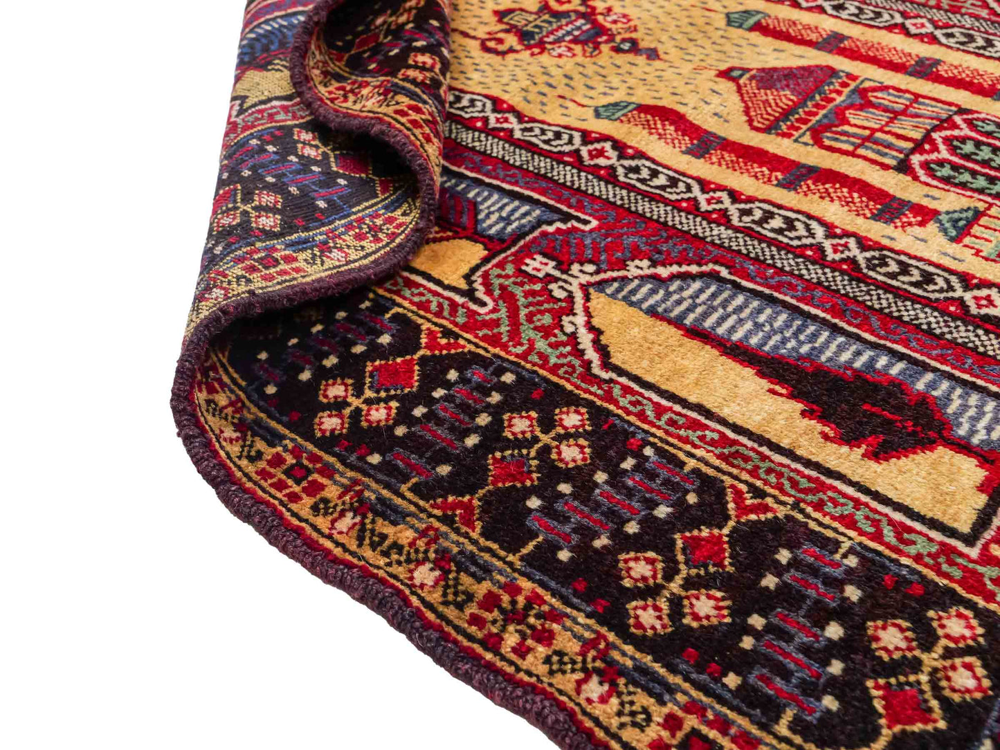 Antiker, handgeknüpfter, afghanischer Belutsch Nomadenteppich aus Wolle von Khademi. Größe: 136 x 87 cm. Farbe: Beige, rot, blau. Verkauf durch JUPITER Intl.