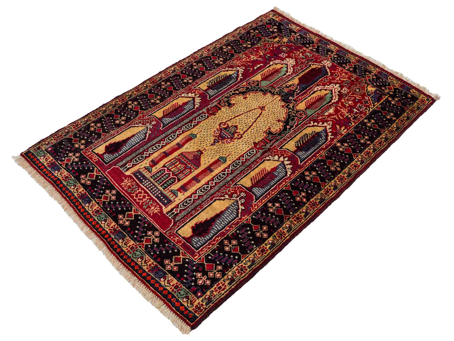 Antiker, handgeknüpfter, afghanischer Belutsch Nomadenteppich aus Wolle von Khademi. Größe: 136 x 87 cm. Farbe: Beige, rot, blau. Verkauf durch JUPITER Intl.