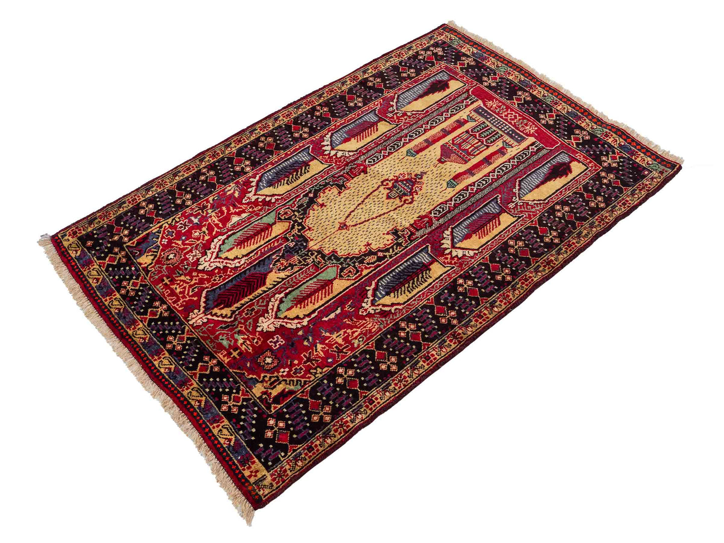 Antiker, handgeknüpfter, afghanischer Belutsch Nomadenteppich aus Wolle von Khademi. Größe: 136 x 87 cm. Farbe: Beige, rot, blau. Verkauf durch JUPITER Intl.