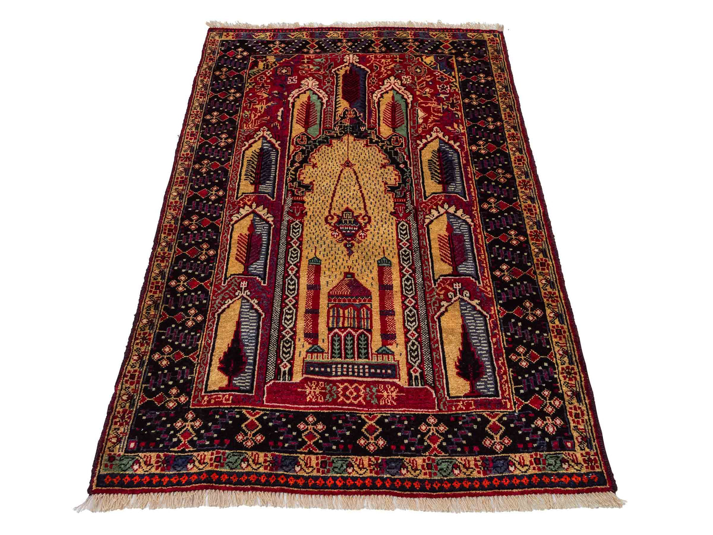 Antiker, handgeknüpfter, afghanischer Belutsch Nomadenteppich aus Wolle von Khademi. Größe: 136 x 87 cm. Farbe: Beige, rot, blau. Verkauf durch JUPITER Intl.