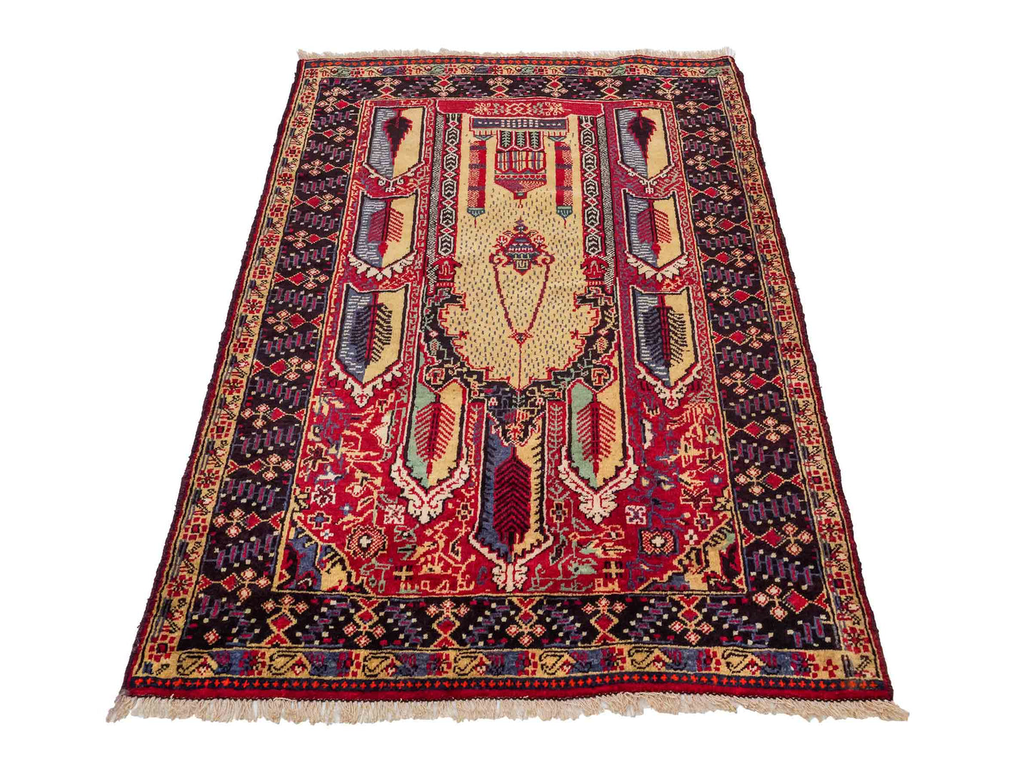 Antiker, handgeknüpfter, afghanischer Belutsch Nomadenteppich aus Wolle von Khademi. Größe: 136 x 87 cm. Farbe: Beige, rot, blau. Verkauf durch JUPITER Intl.