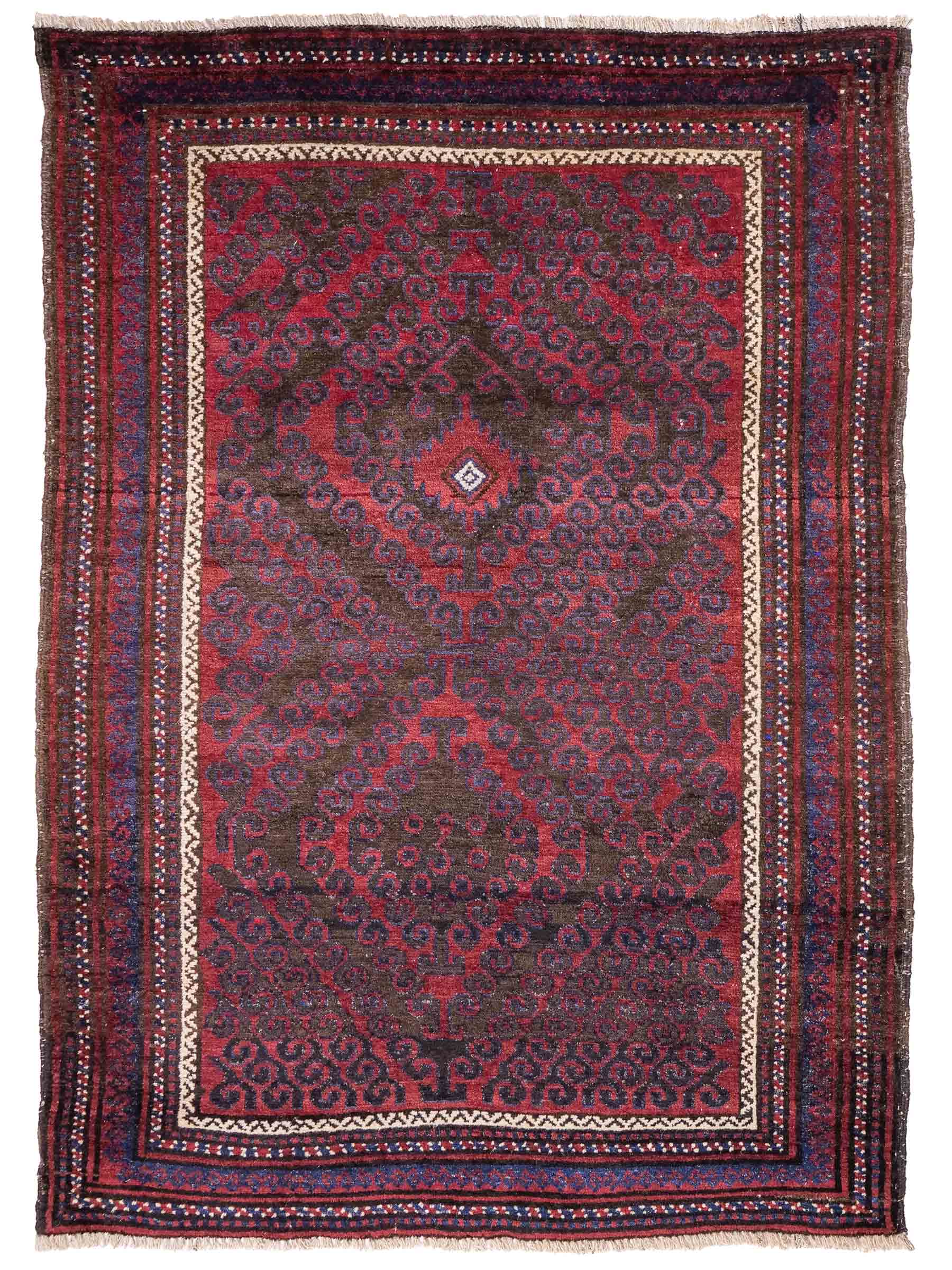 Antiker, handgeknüpfter, afghanischer Belutsch Nomadenteppich aus Wolle von Khademi. Größe: 136 x 94 cm. Farbe: Rot, braun, blau. Verkauf durch JUPITER Intl.
