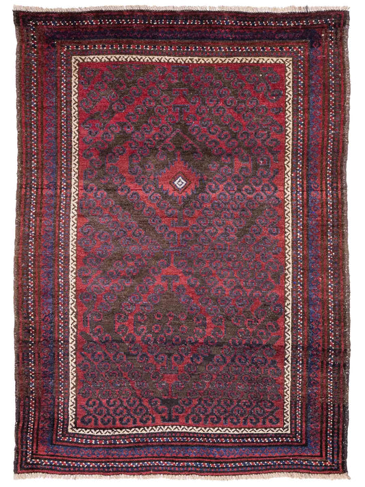 Antiker, handgeknüpfter, afghanischer Belutsch Nomadenteppich aus Wolle von Khademi. Größe: 136 x 94 cm. Farbe: Rot, braun, blau. Verkauf durch JUPITER Intl.