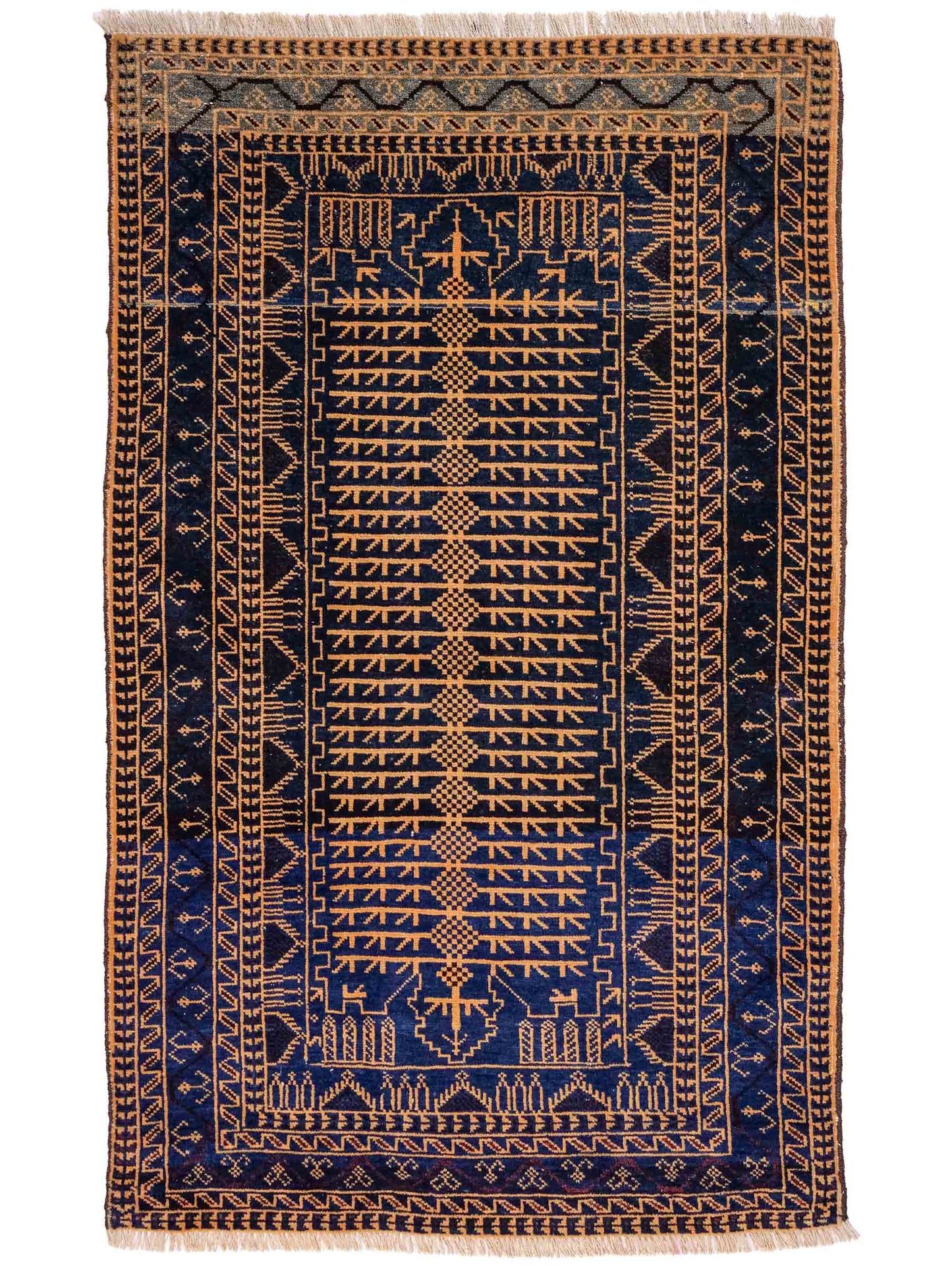 Antiker, handgeknüpfter, afghanischer Belutsch Nomadenteppich aus Wolle von Khademi. Größe: 139 x 89 cm. Farbe: Blau, gold. Verkauf durch JUPITER Intl.