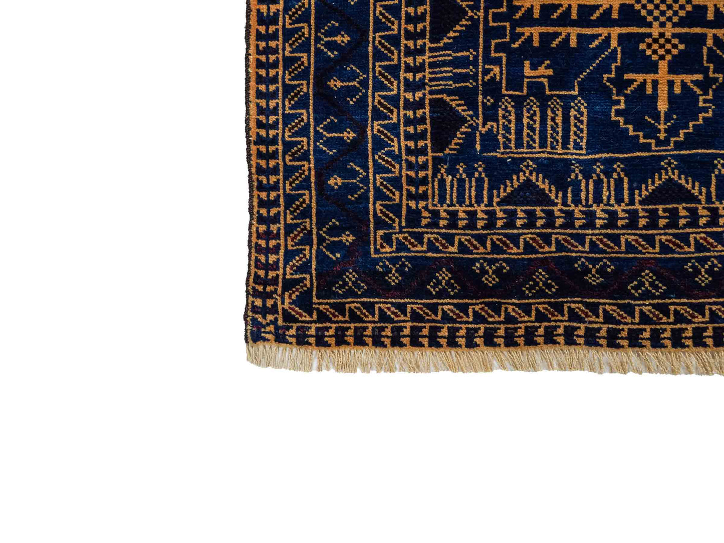 Antiker, handgeknüpfter, afghanischer Belutsch Nomadenteppich aus Wolle von Khademi. Größe: 139 x 89 cm. Farbe: Blau, gold. Verkauf durch JUPITER Intl.