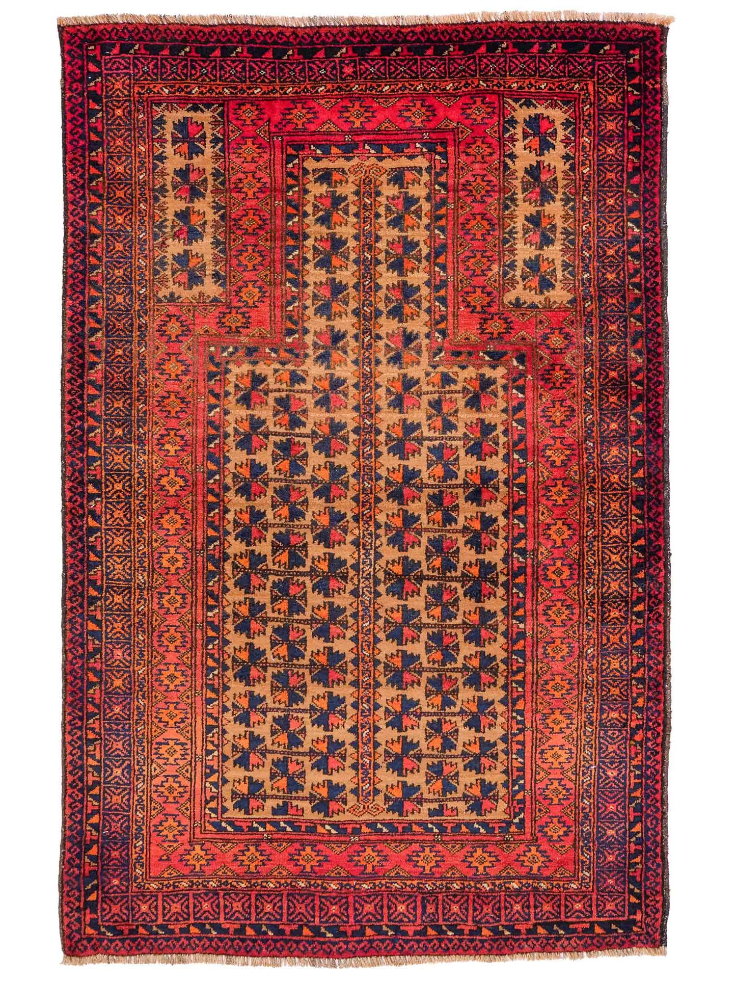 Antiker, handgeknüpfter, afghanischer Belutsch Nomadenteppich aus Wolle von Khademi. Größe: 140 x 88 cm. Farbe: Orange, beige, blau. Verkauf durch JUPITER Intl.