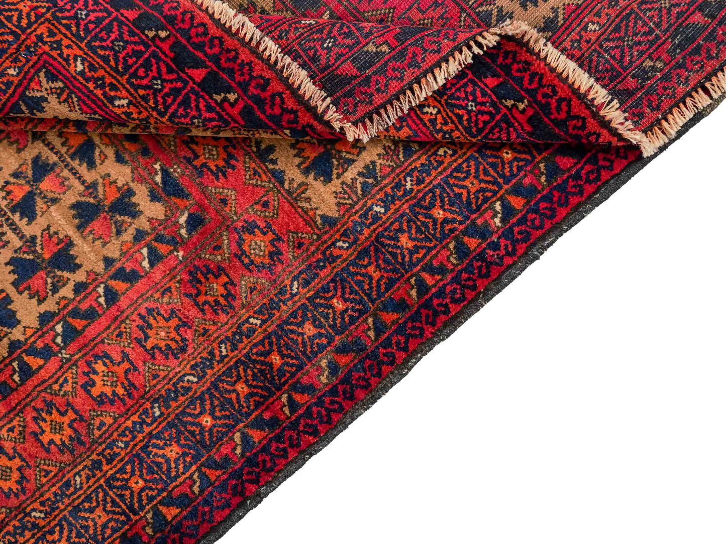 Antiker, handgeknüpfter, afghanischer Belutsch Nomadenteppich aus Wolle von Khademi. Größe: 140 x 88 cm. Farbe: Orange, beige, blau. Verkauf durch JUPITER Intl.