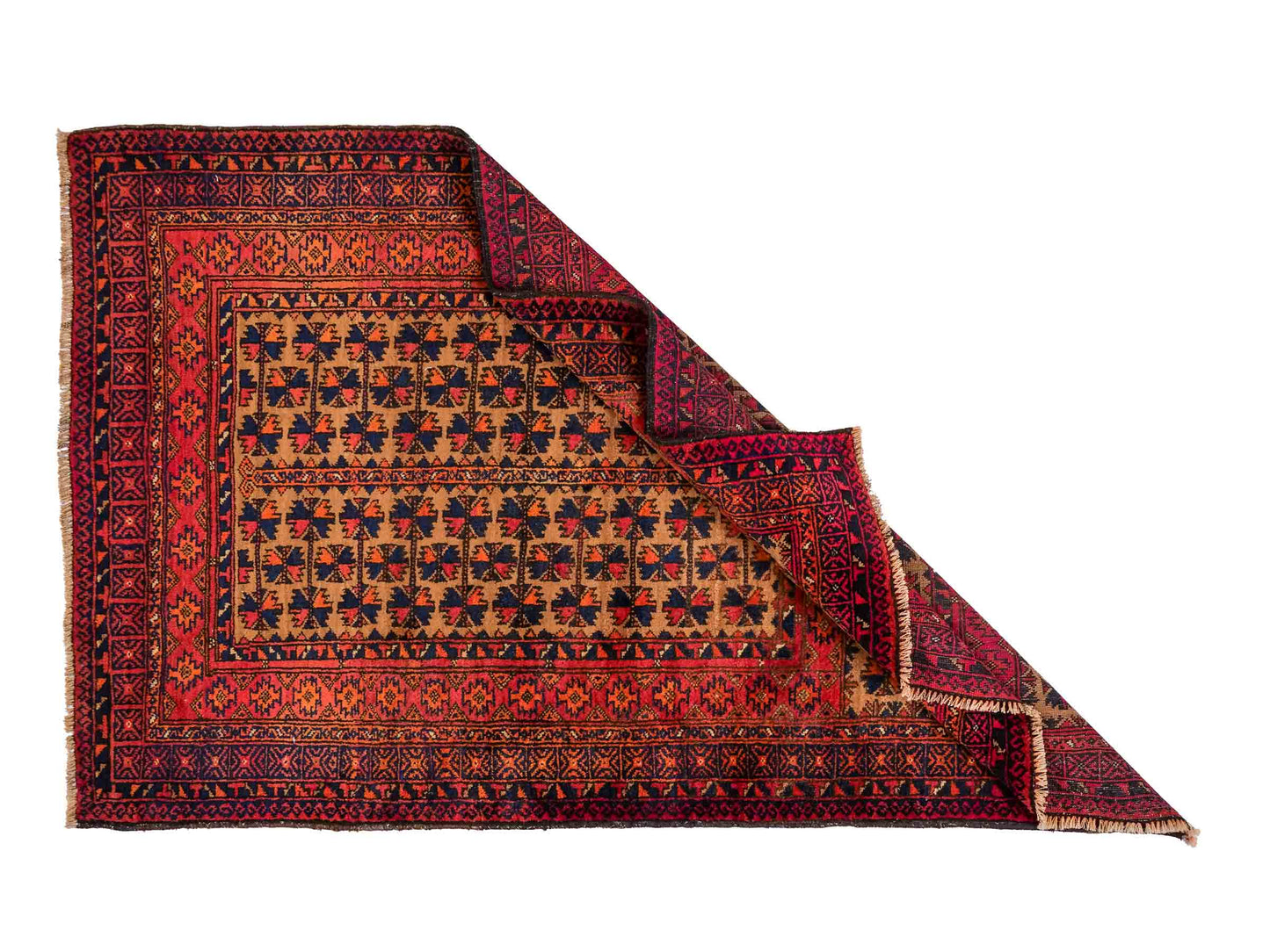 Antiker, handgeknüpfter, afghanischer Belutsch Nomadenteppich aus Wolle von Khademi. Größe: 140 x 88 cm. Farbe: Orange, beige, blau. Verkauf durch JUPITER Intl.