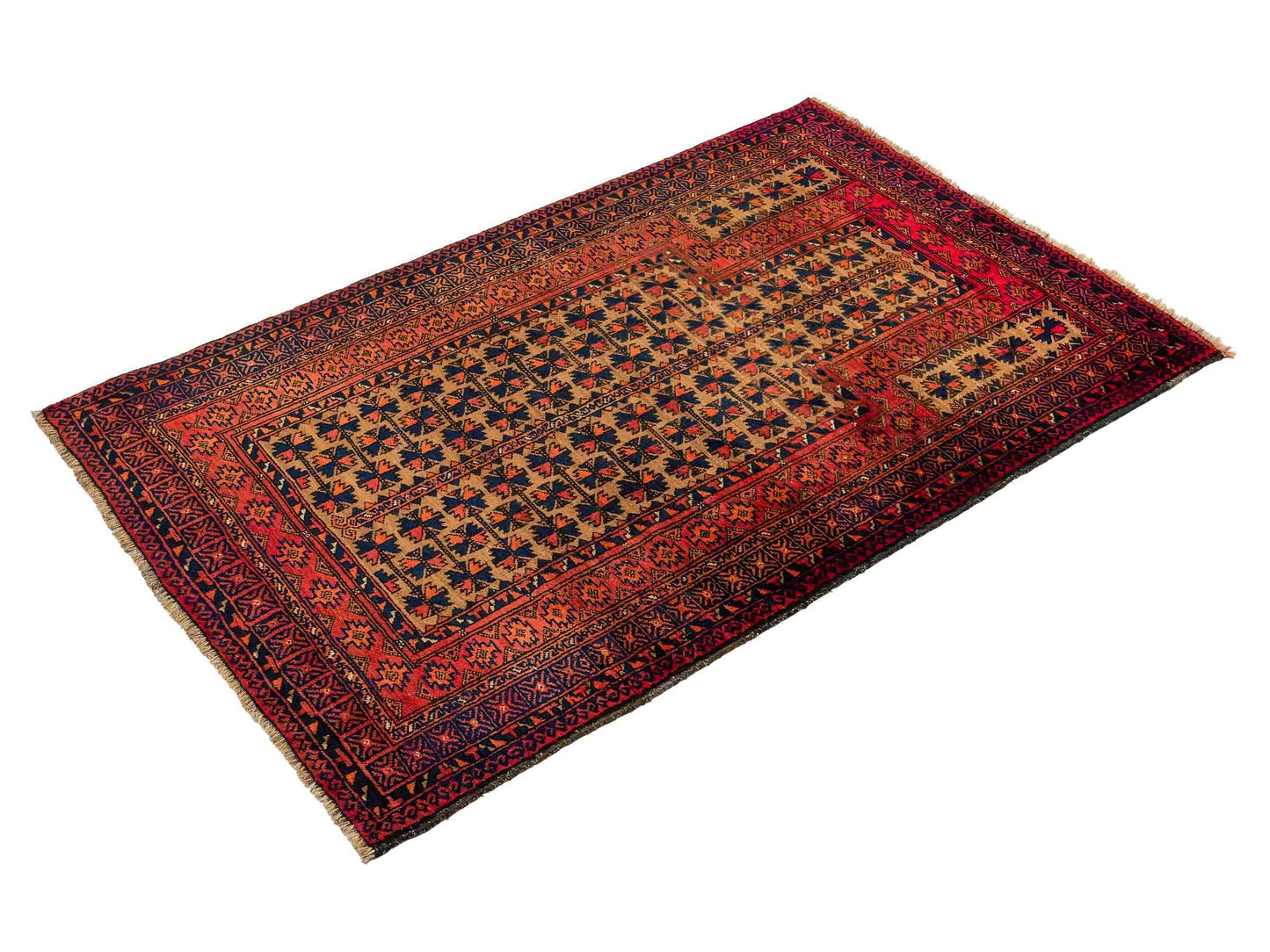 Antiker, handgeknüpfter, afghanischer Belutsch Nomadenteppich aus Wolle von Khademi. Größe: 140 x 88 cm. Farbe: Orange, beige, blau. Verkauf durch JUPITER Intl.