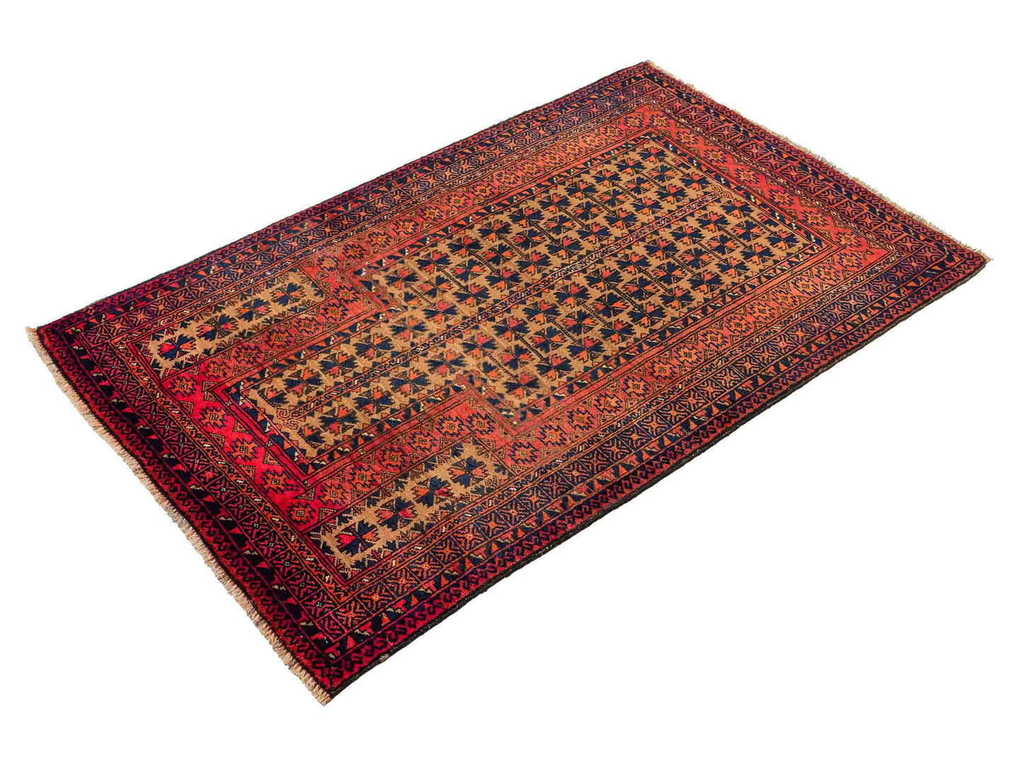 Antiker, handgeknüpfter, afghanischer Belutsch Nomadenteppich aus Wolle von Khademi. Größe: 140 x 88 cm. Farbe: Orange, beige, blau. Verkauf durch JUPITER Intl.