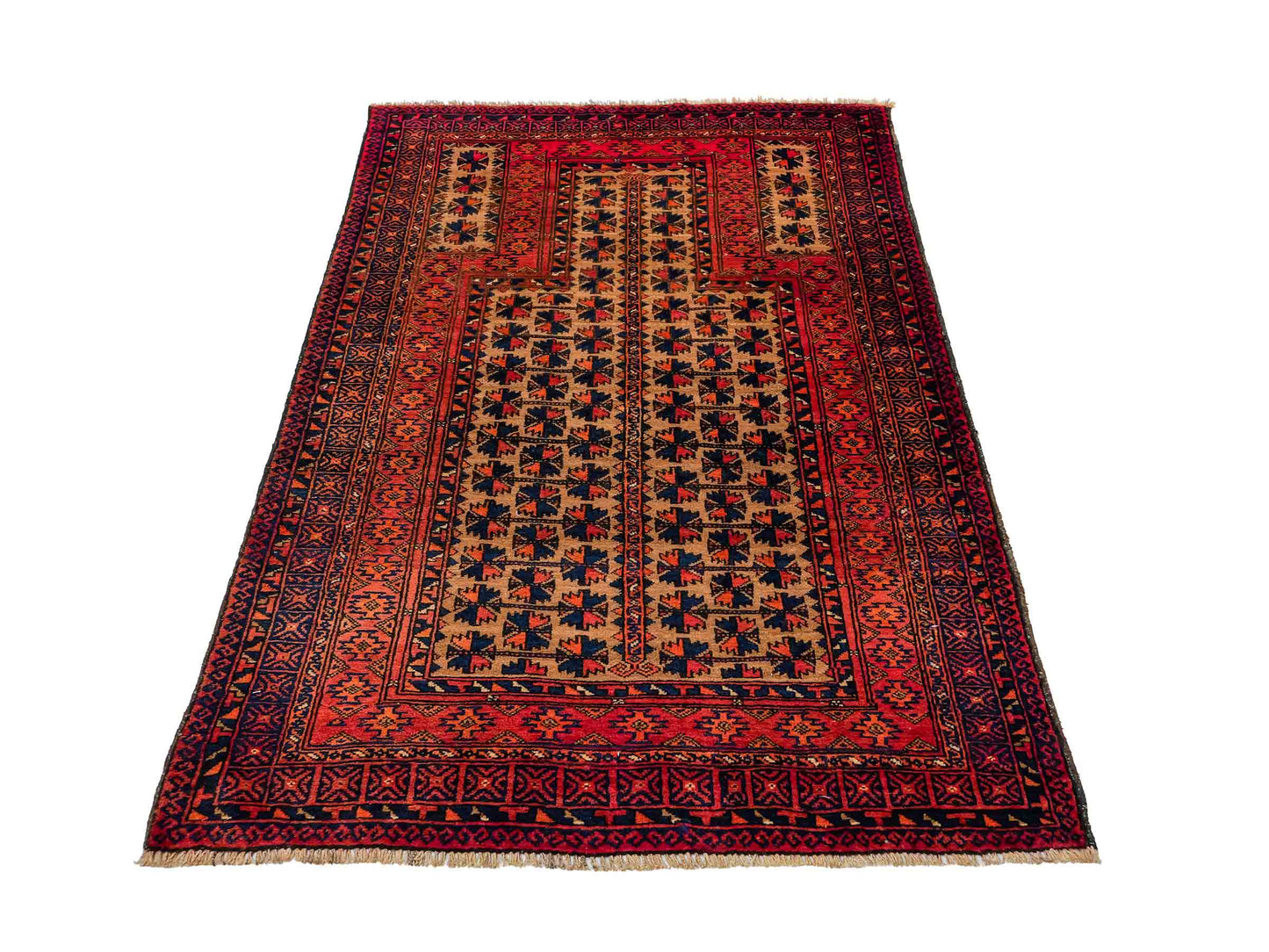 Antiker, handgeknüpfter, afghanischer Belutsch Nomadenteppich aus Wolle von Khademi. Größe: 140 x 88 cm. Farbe: Orange, beige, blau. Verkauf durch JUPITER Intl.