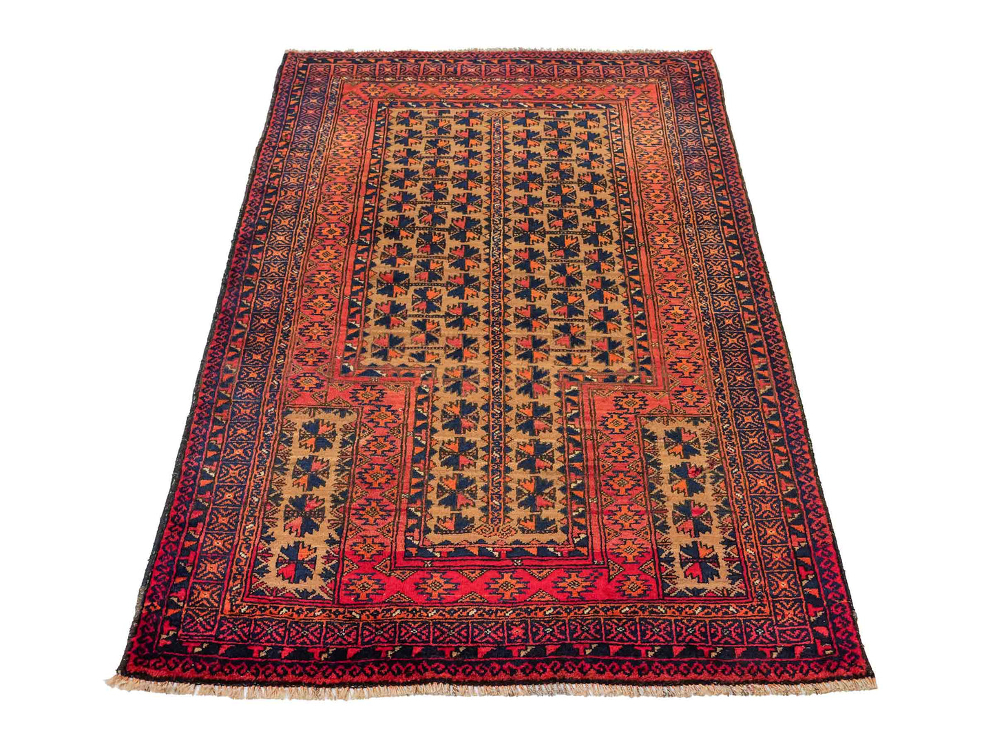 Antiker, handgeknüpfter, afghanischer Belutsch Nomadenteppich aus Wolle von Khademi. Größe: 140 x 88 cm. Farbe: Orange, beige, blau. Verkauf durch JUPITER Intl.