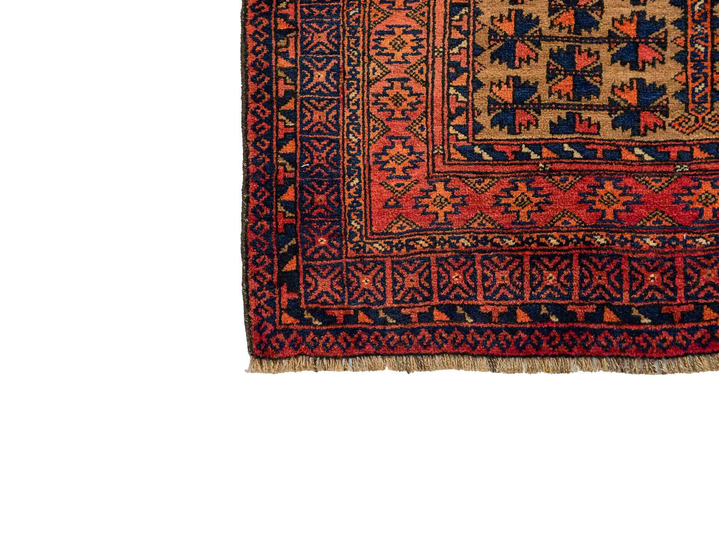 Antiker, handgeknüpfter, afghanischer Belutsch Nomadenteppich aus Wolle von Khademi. Größe: 140 x 88 cm. Farbe: Orange, beige, blau. Verkauf durch JUPITER Intl.