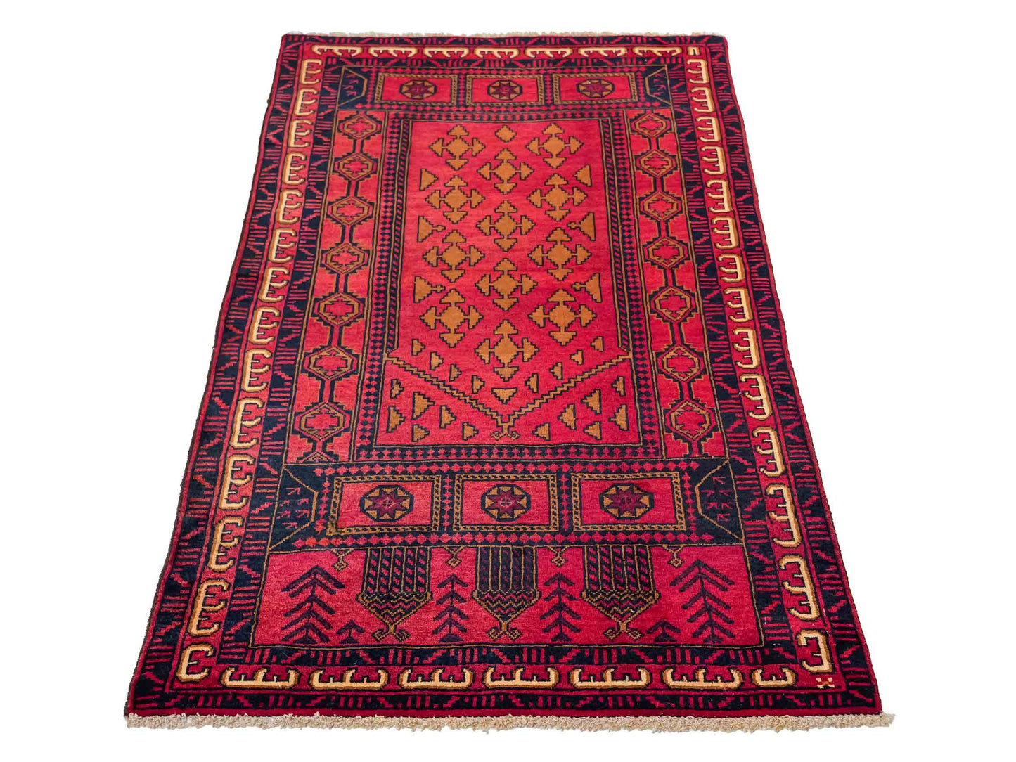 Antiker, handgeknüpfter, afghanischer Belutsch Nomadenteppich aus Wolle von Khademi. Größe: 142 x 87 cm. Farbe: Rot. Verkauf durch JUPITER Intl.