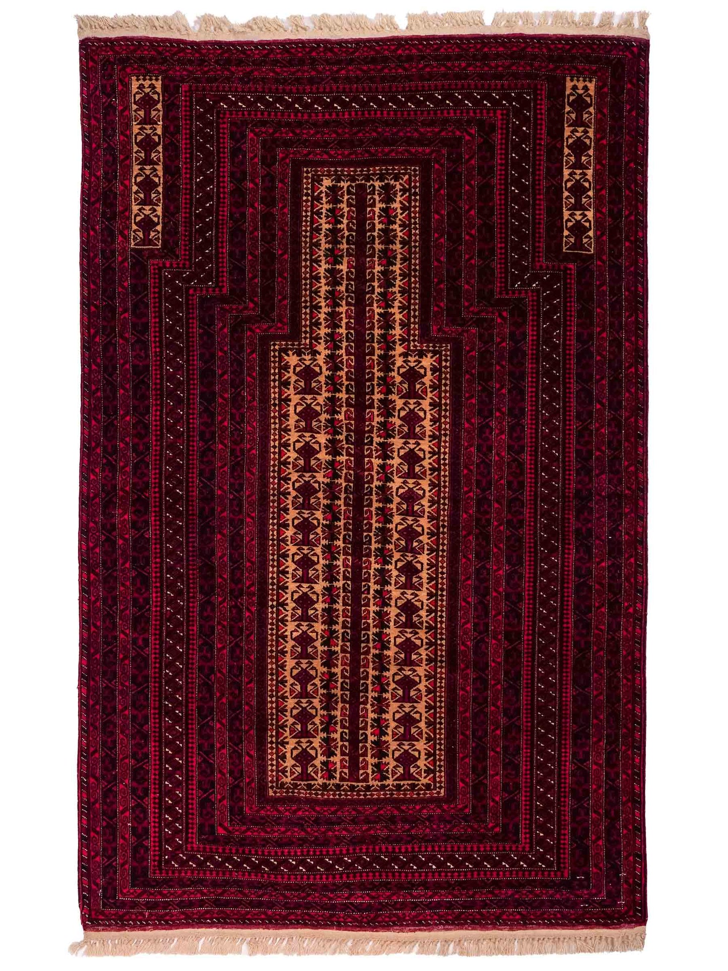 Sehr feiner, handgeknüpfter, antiker Belutsch Nomadenteppich aus Wolle von Khademi. Farbe: Rot, blau, cremeweiß. Größe: 142 x 90 cm. Vertrieb durch JUPITER Intl.
