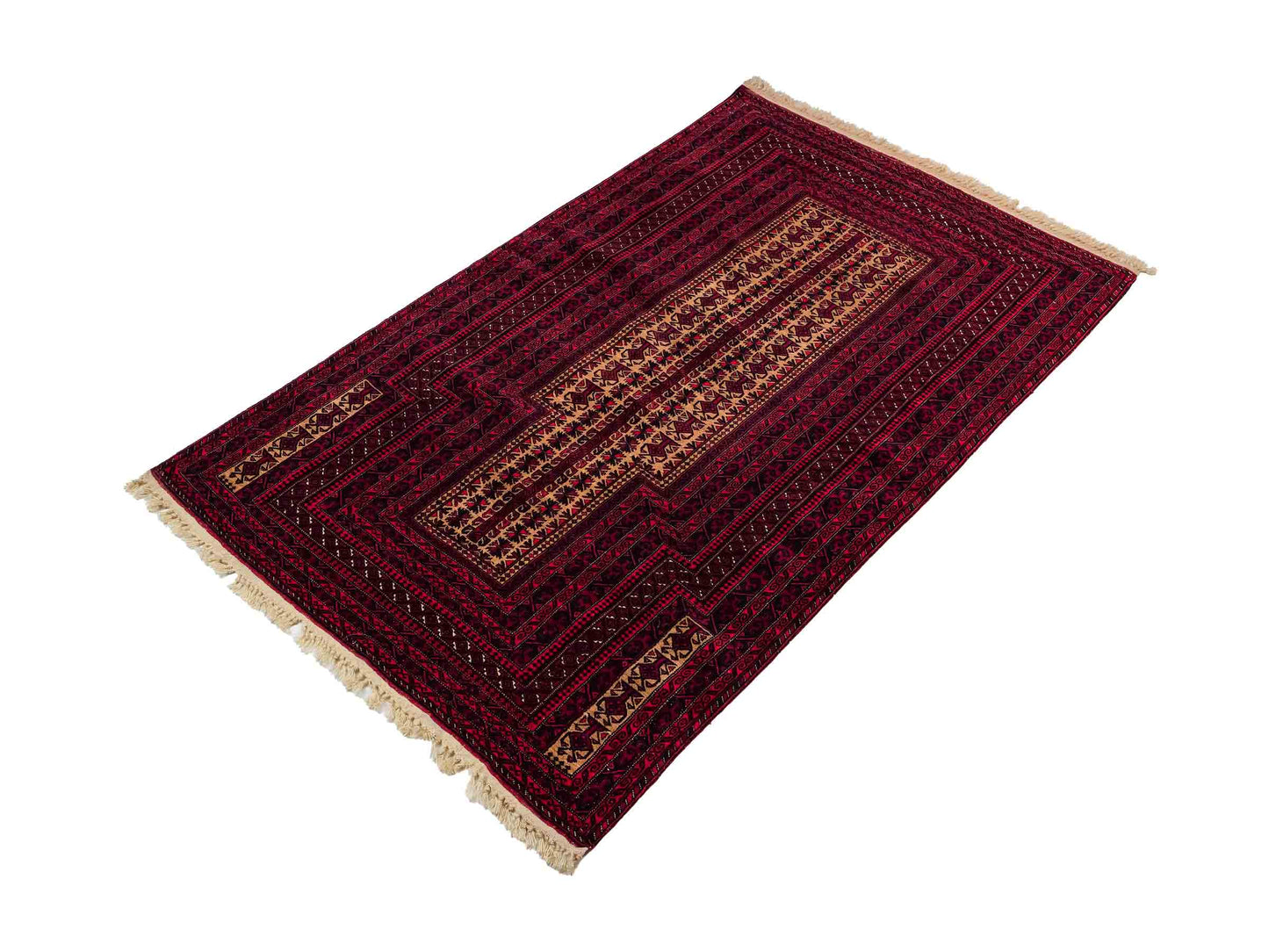 Sehr feiner, handgeknüpfter, antiker Belutsch Nomadenteppich aus Wolle von Khademi. Farbe: Rot, blau, cremeweiß. Größe: 142 x 90 cm. Vertrieb durch JUPITER Intl.