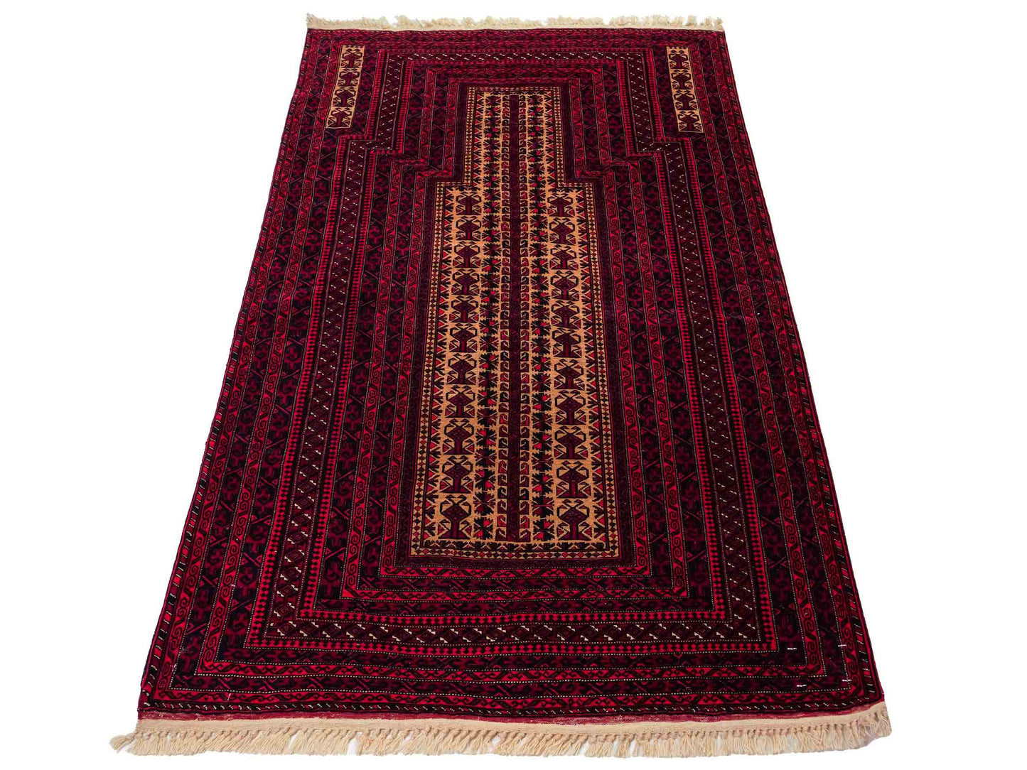 Sehr feiner, handgeknüpfter, antiker Belutsch Nomadenteppich aus Wolle von Khademi. Farbe: Rot, blau, cremeweiß. Größe: 142 x 90 cm. Vertrieb durch JUPITER Intl.
