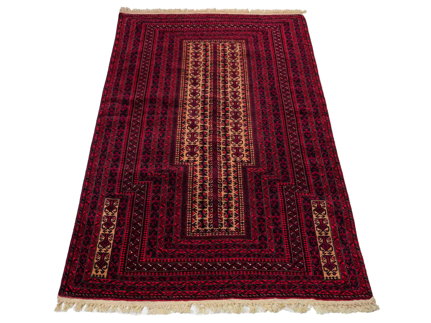 Sehr feiner, handgeknüpfter, antiker Belutsch Nomadenteppich aus Wolle von Khademi. Farbe: Rot, blau, cremeweiß. Größe: 142 x 90 cm. Vertrieb durch JUPITER Intl.