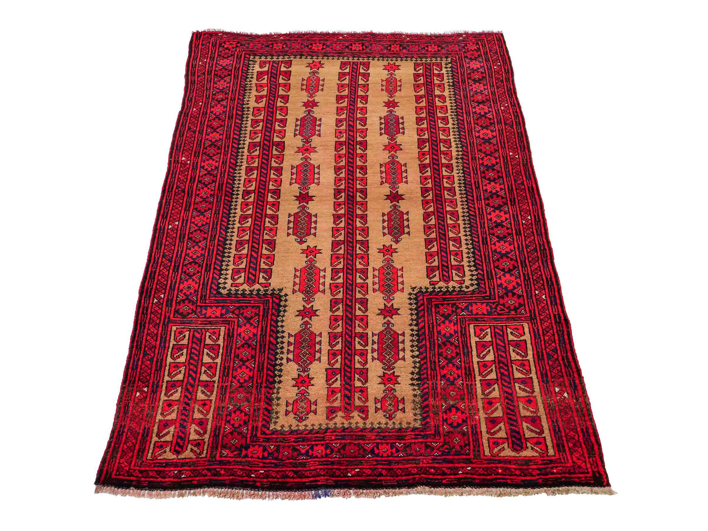 Antiker, handgeknüpfter, afghanischer Belutsch Nomadenteppich aus Wolle von Khademi. Größe: 147 x 91 cm. Farbe: Rot, beige, cremeweiß. Verkauf durch JUPITER Intl.