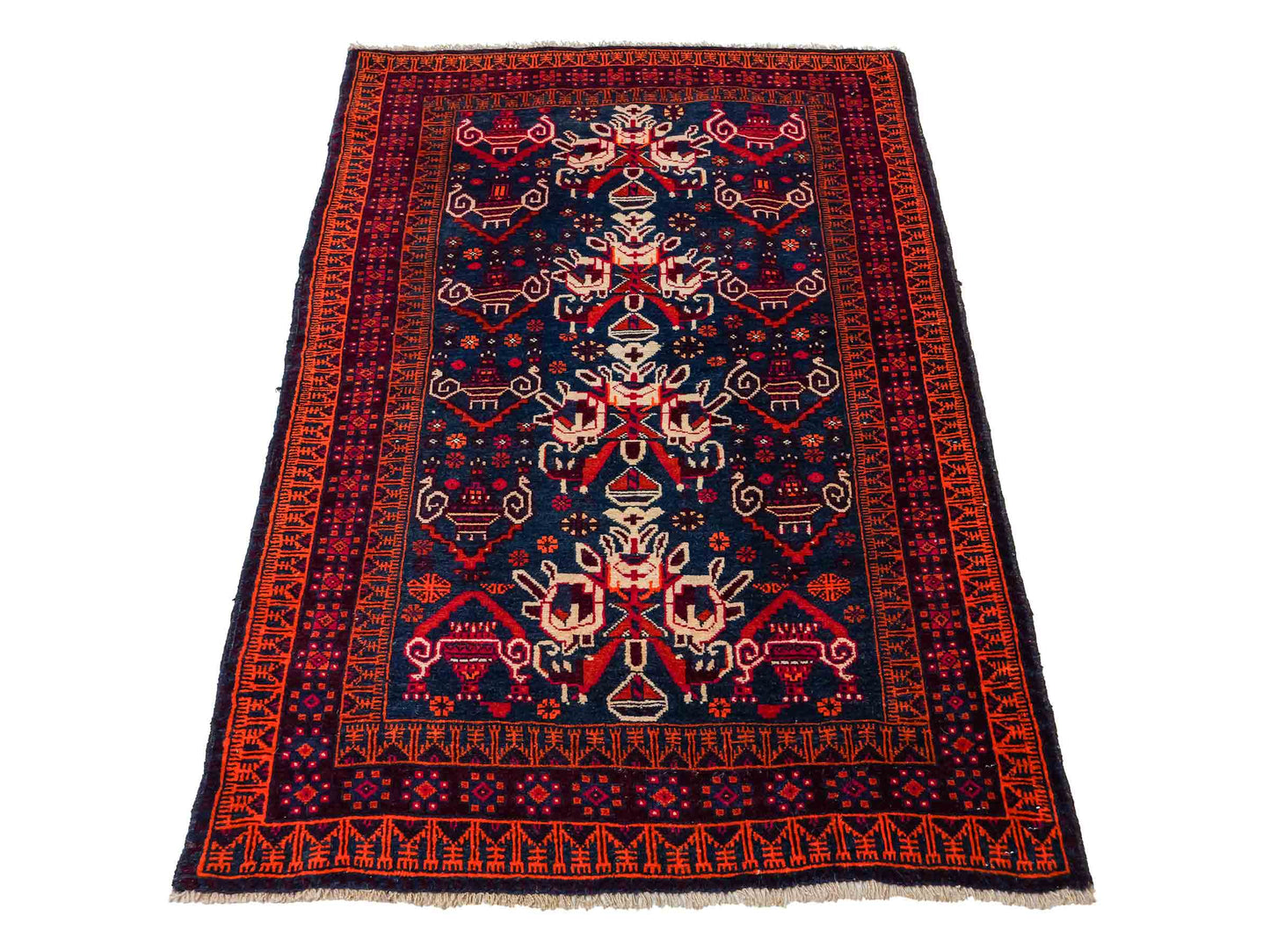 Antiker, handgeknüpfter, afghanischer Belutsch Nomadenteppich aus Wolle von Khademi. Größe: 157 x 98 cm. Farbe: Blau, rot. Verkauf durch JUPITER Intl.